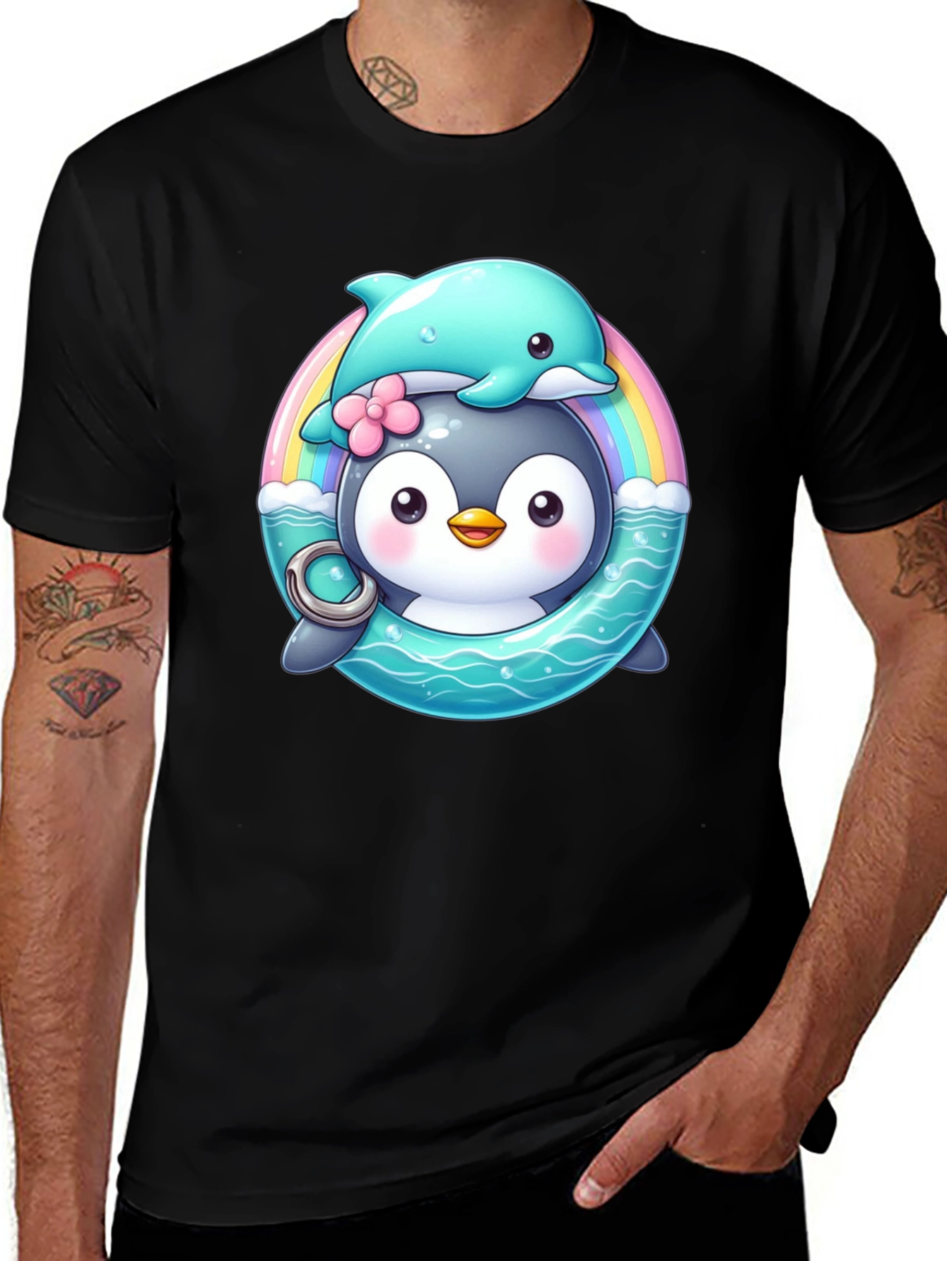 Penguin & Dolphin Graphic Tee - Cute Cartoon Design