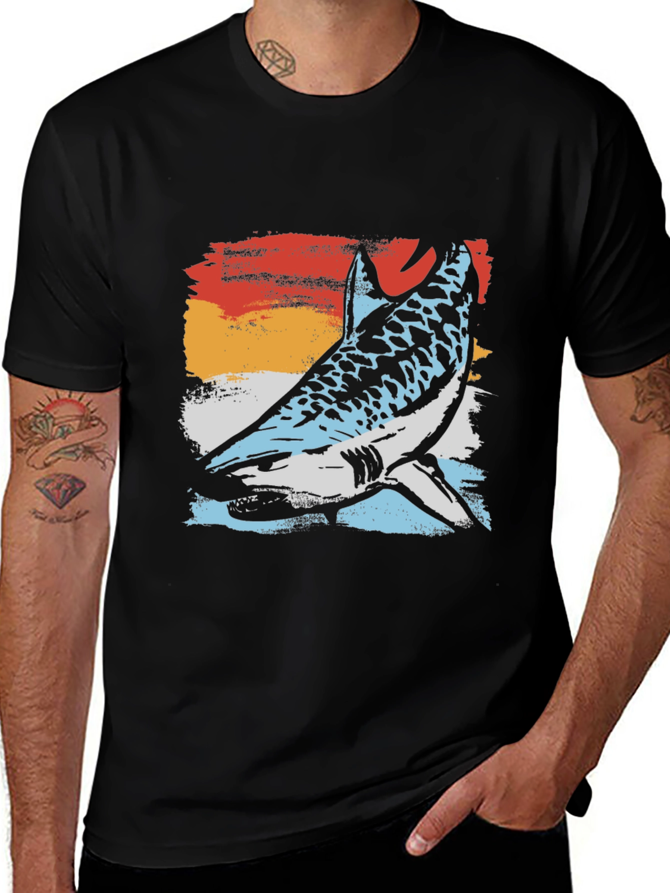 Variant 20 of Retro Shark Graphic Tee - Black Cotton Blend T-Shirt