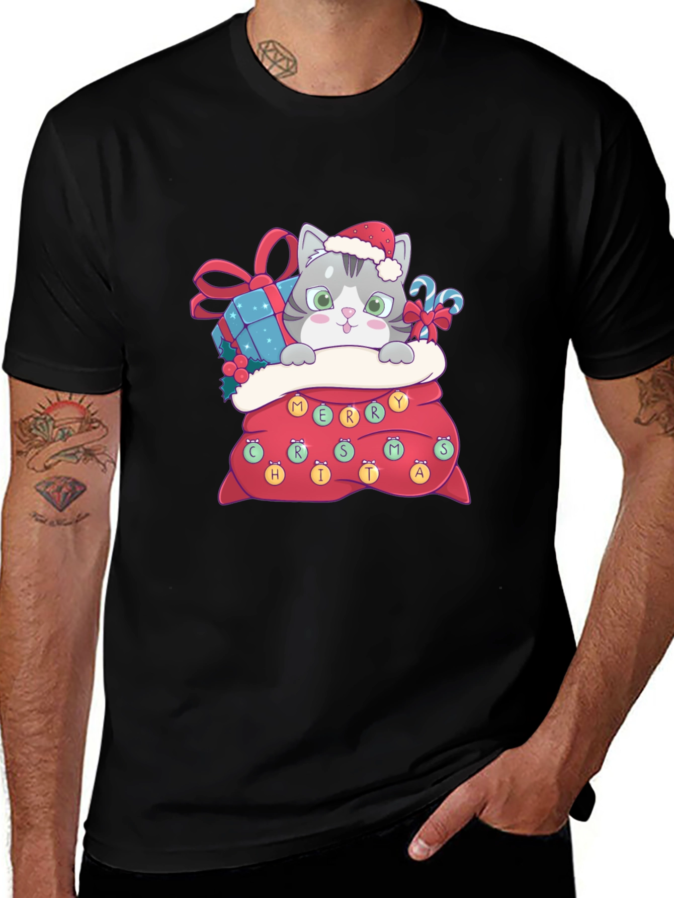 Variant 27 of Christmas Cat in Bag Graphic Tee