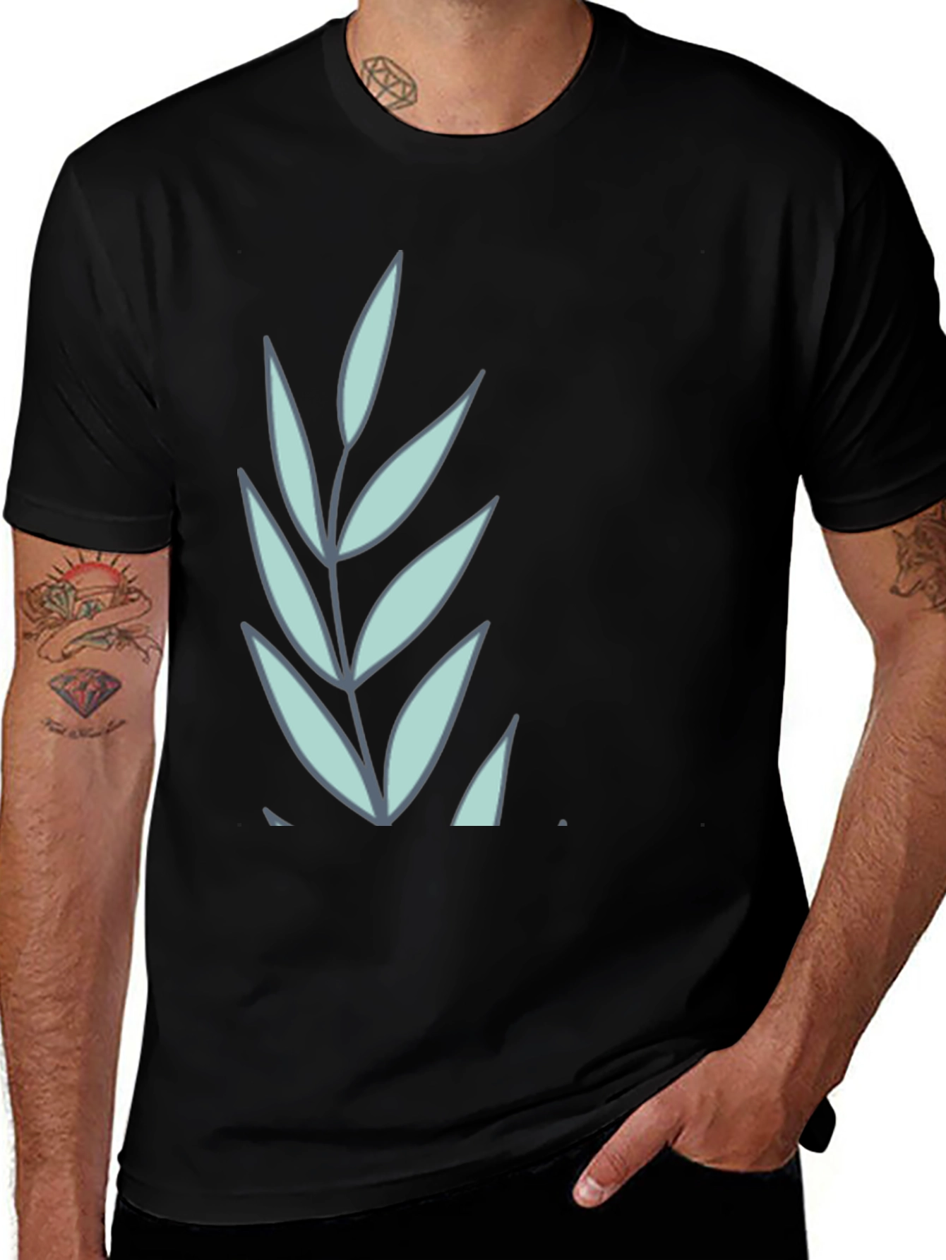 Variant 23 of Leaf Design Black Cotton T-Shirt
