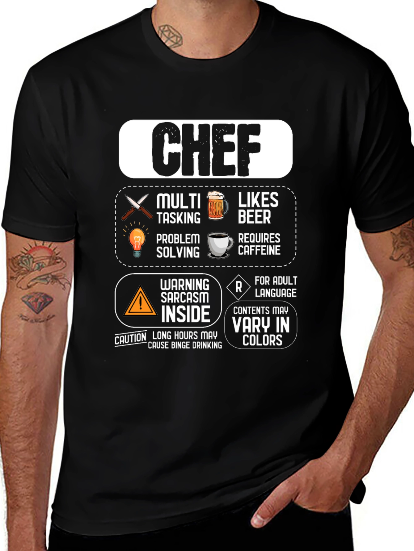 Variant 21 of Chef Humor T-Shirt - Multi-Tasking, Likes Beer, Sarcasm Inside