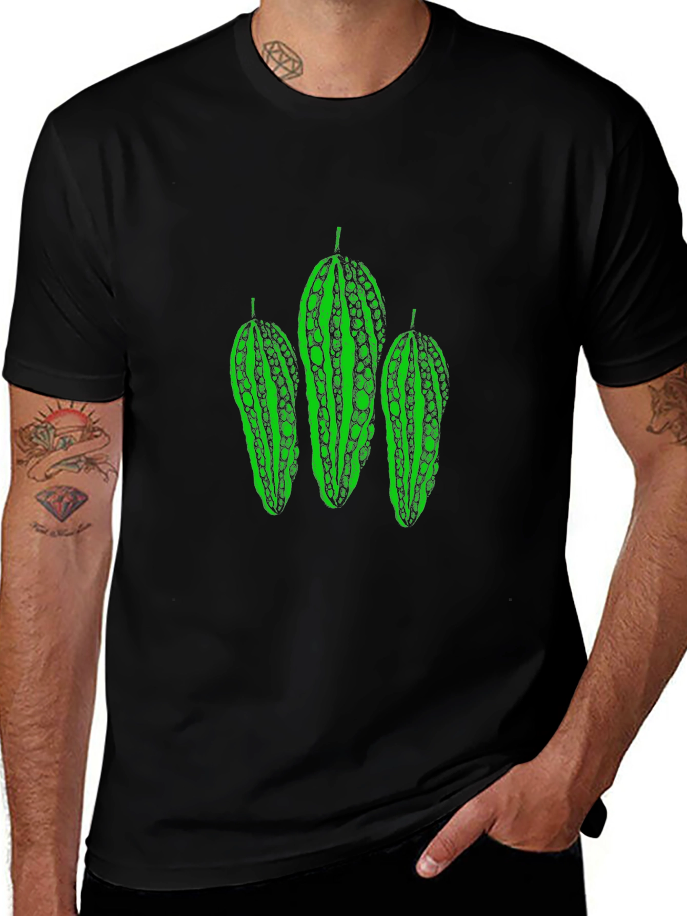 Cool Green Bitter Melon Graphic Black T-Shirt