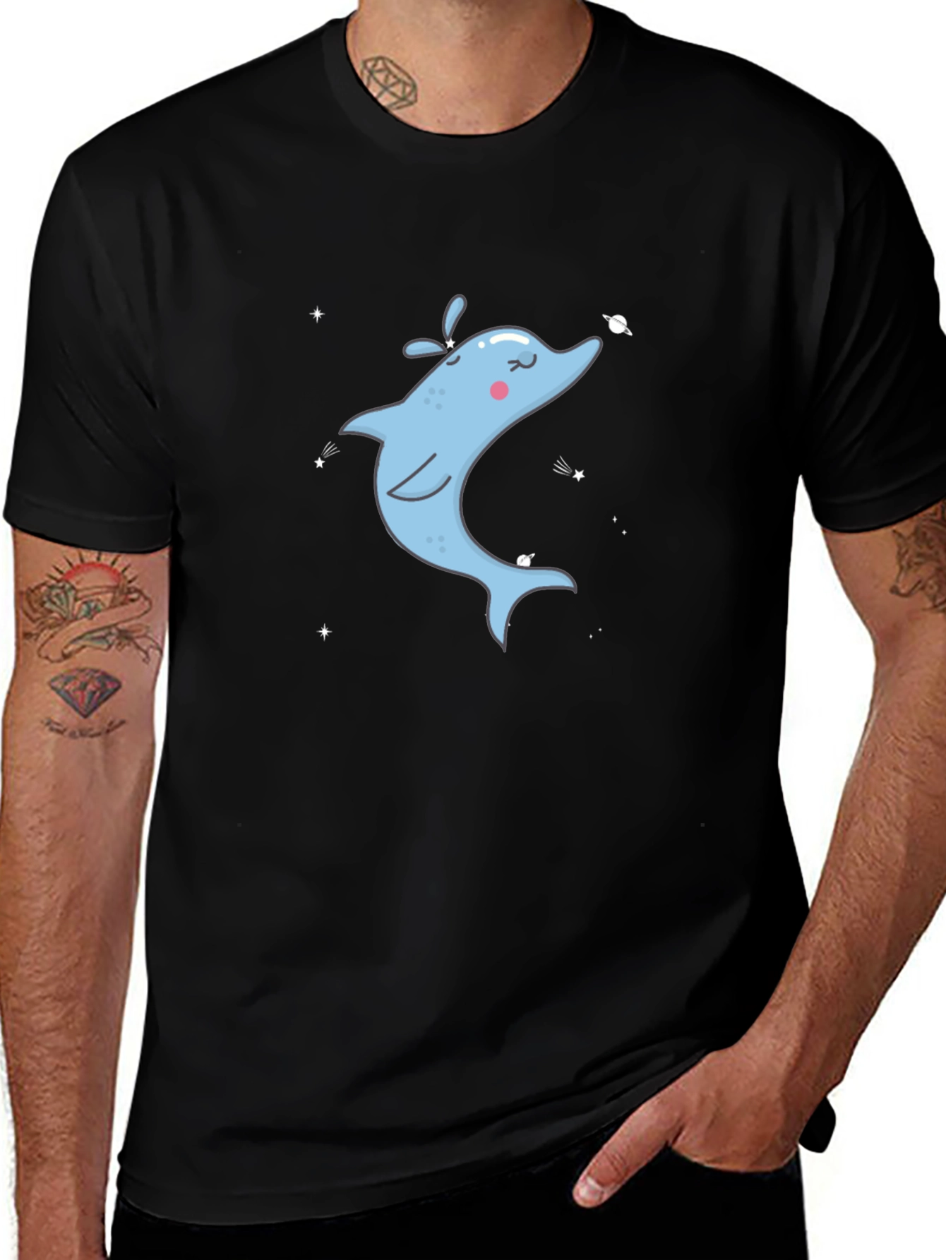 Variant 19 of Cartoon Dolphin Graphic Tee - Black Cotton T-Shirt