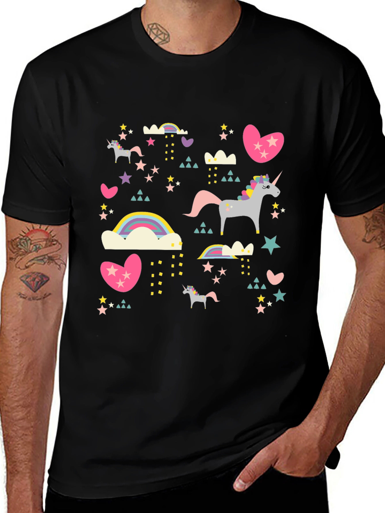 Variant 5 of Unicorn & Rainbow Print Black T-Shirt
