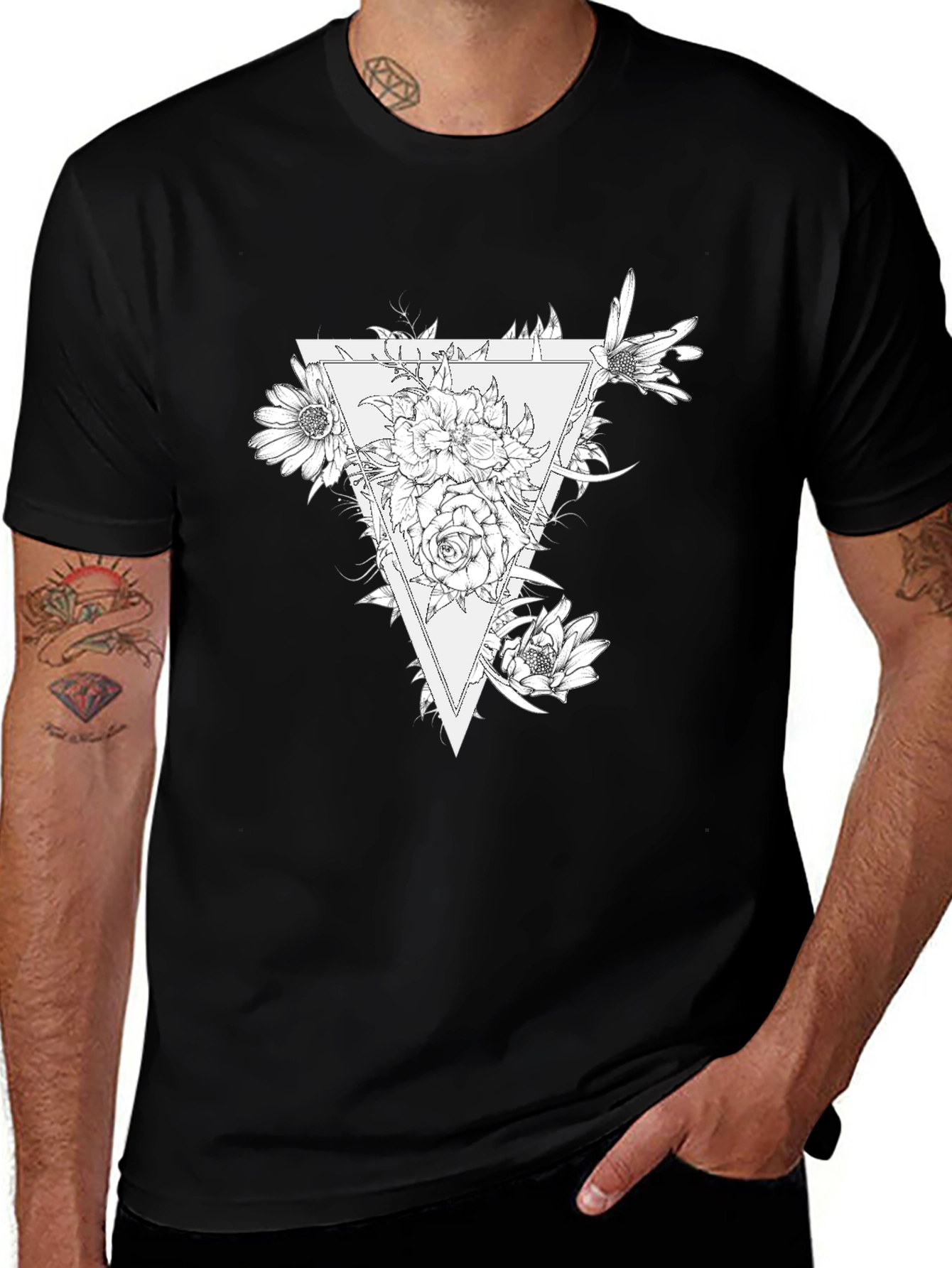 Variant 26 of Floral Triangle Graphic Black T-Shirt