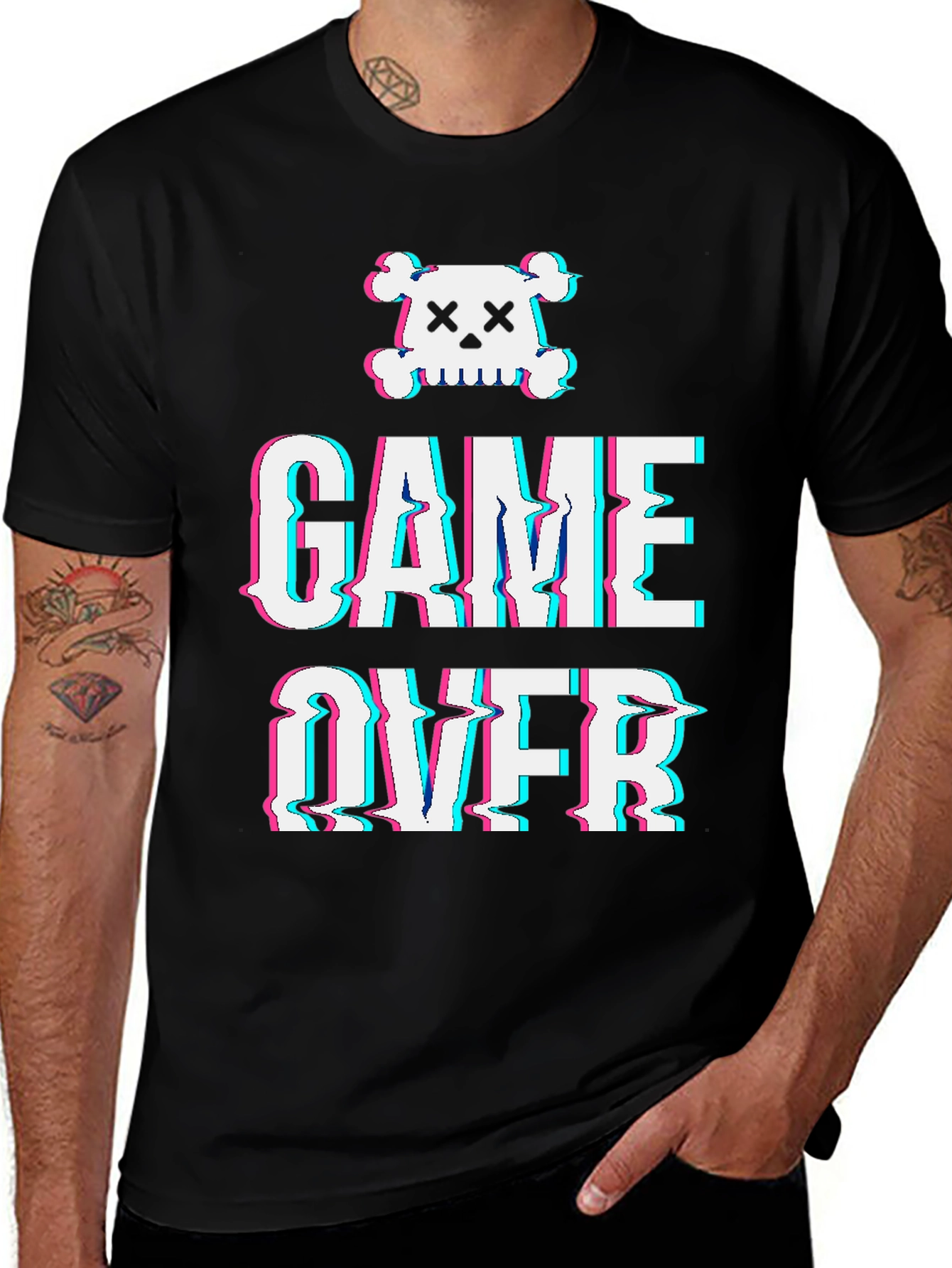 Game Over Skull Graphic Tee - Black