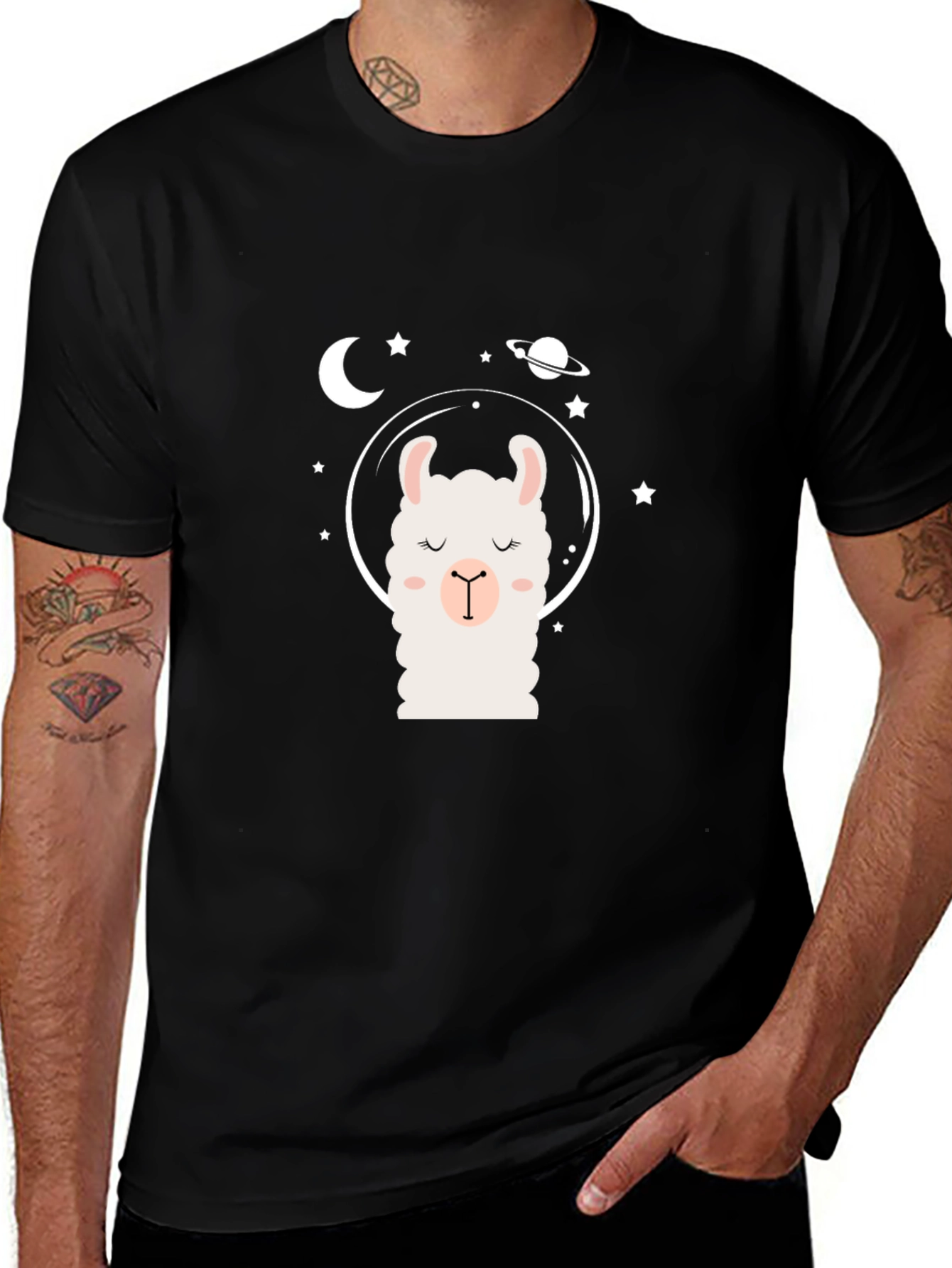 Variant 14 of Llama in Space Black T-Shirt - Cute Cartoon Design