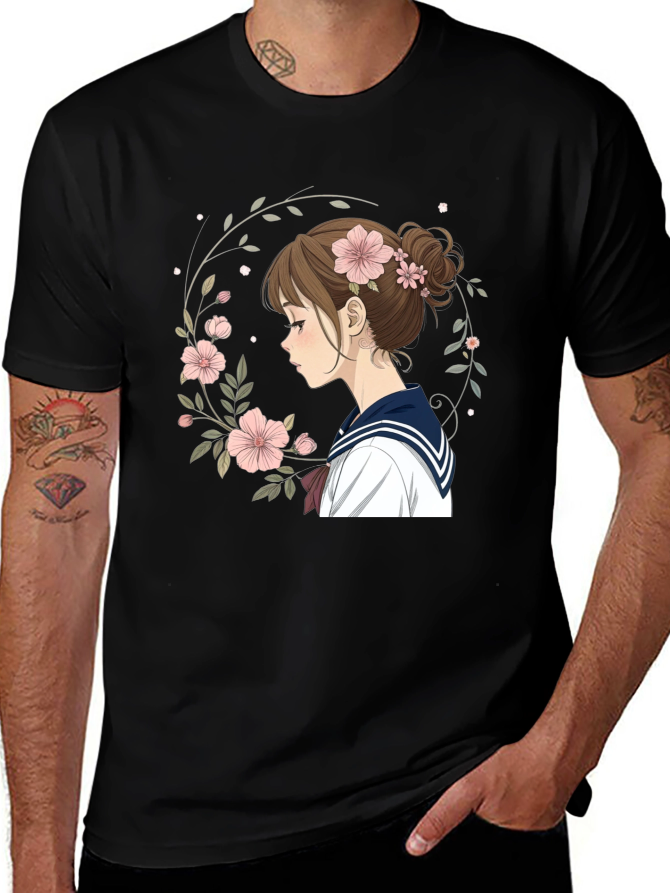 Variant 24 of Anime Girl Floral Wreath Black T-Shirt