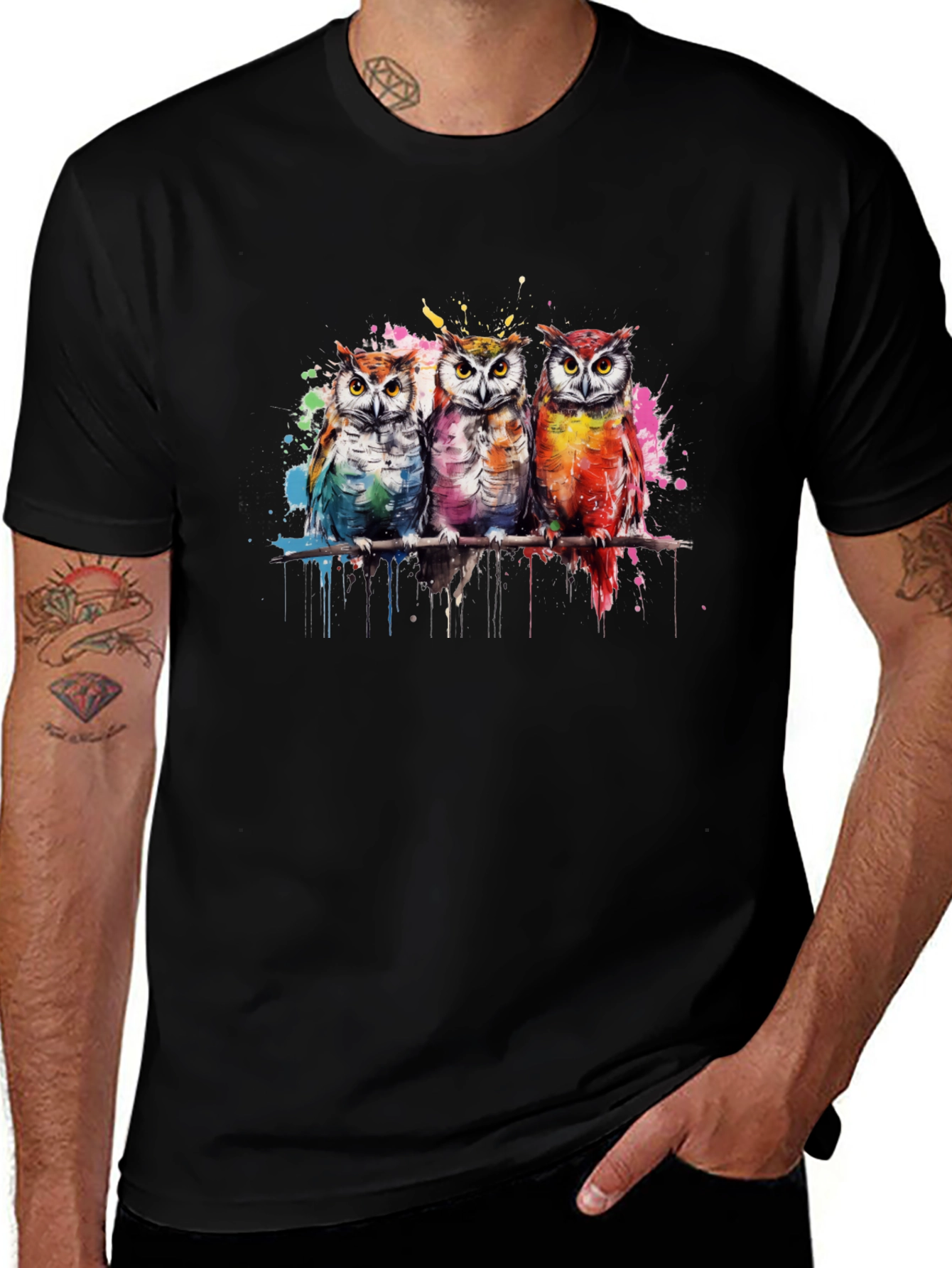 Variant 4 of Watercolor Owl Trio Graphic Tee - Black