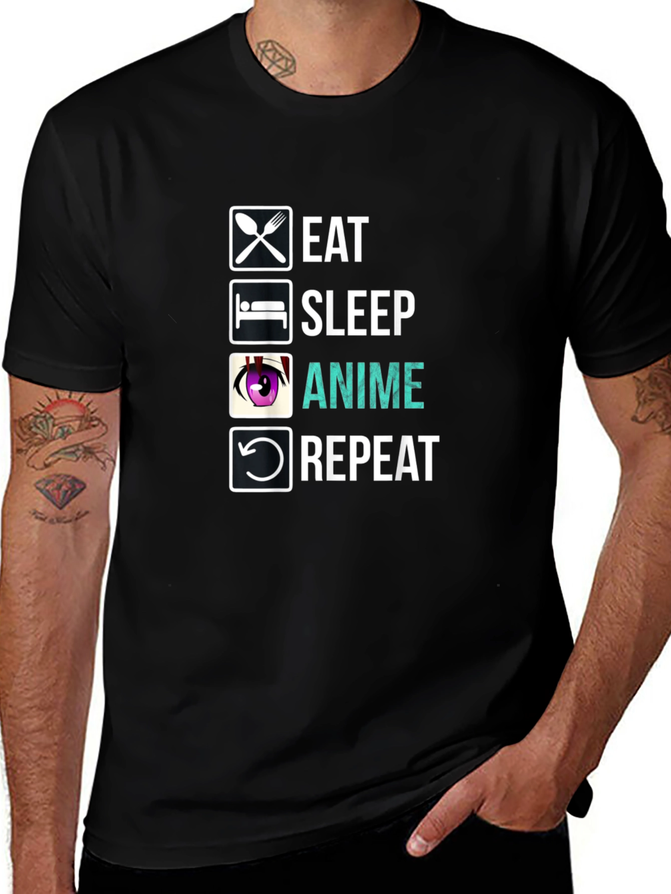 Eat Sleep Anime Repeat T-Shirt -  Black Crew Neck