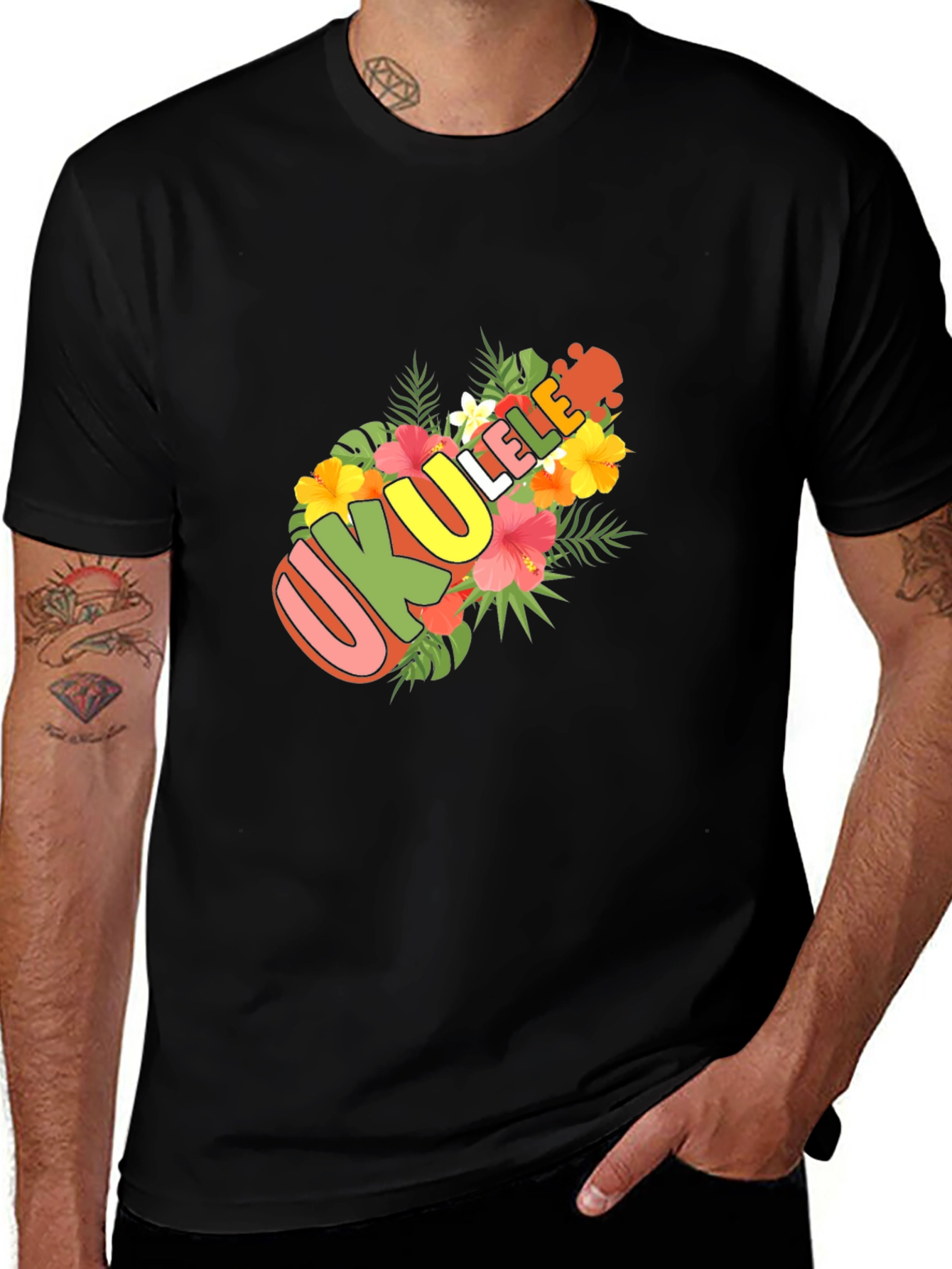 Variant 18 of Ukulele Floral Design Black T-Shirt