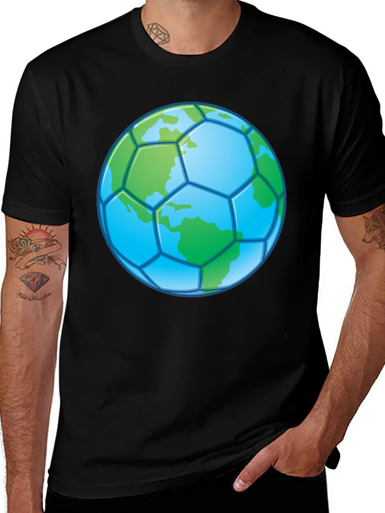 Earth Globe Soccer Ball Graphic Black T-Shirt