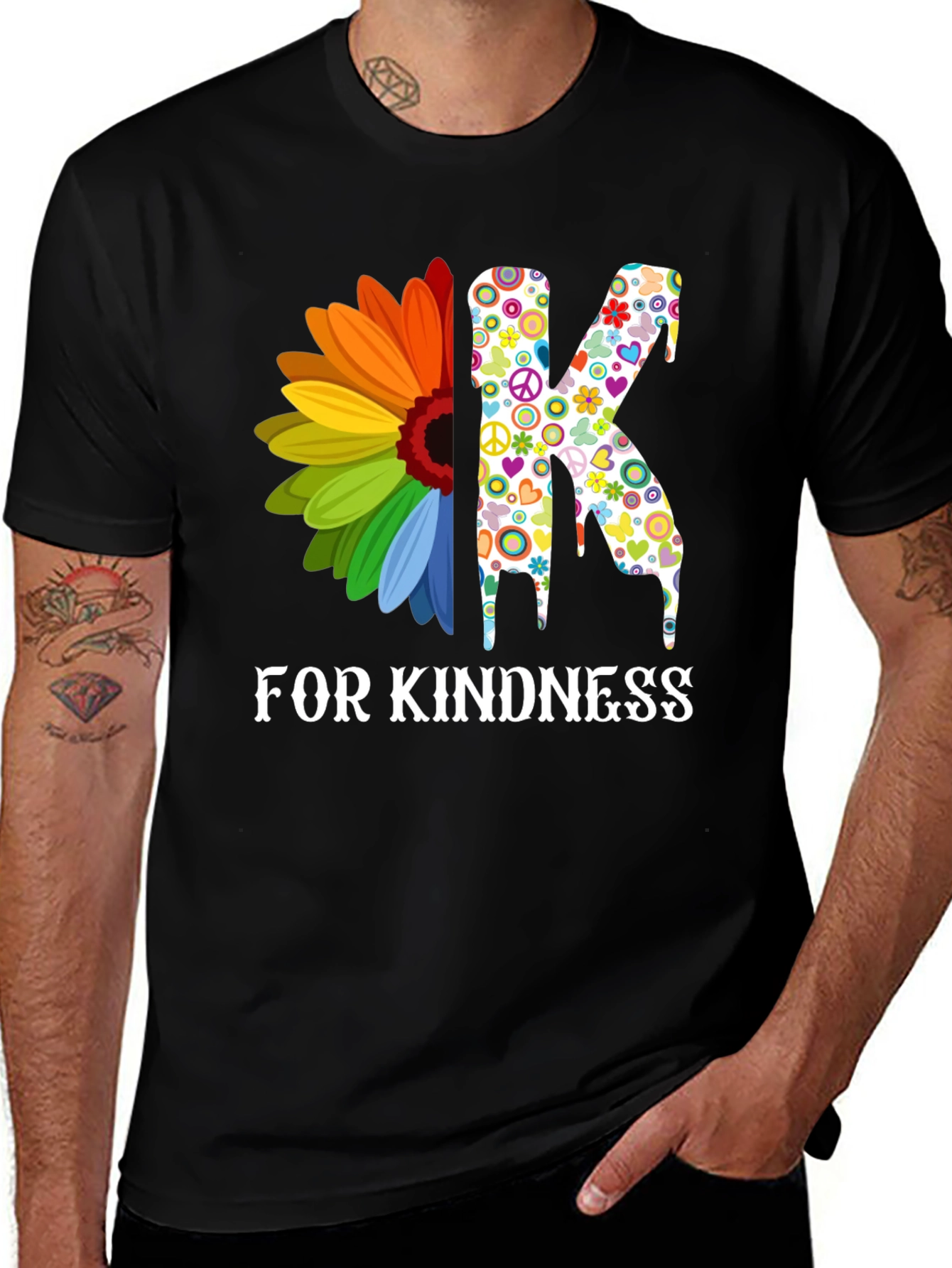 Kindness T-Shirt with Rainbow Flower and Peace Sign Letter K