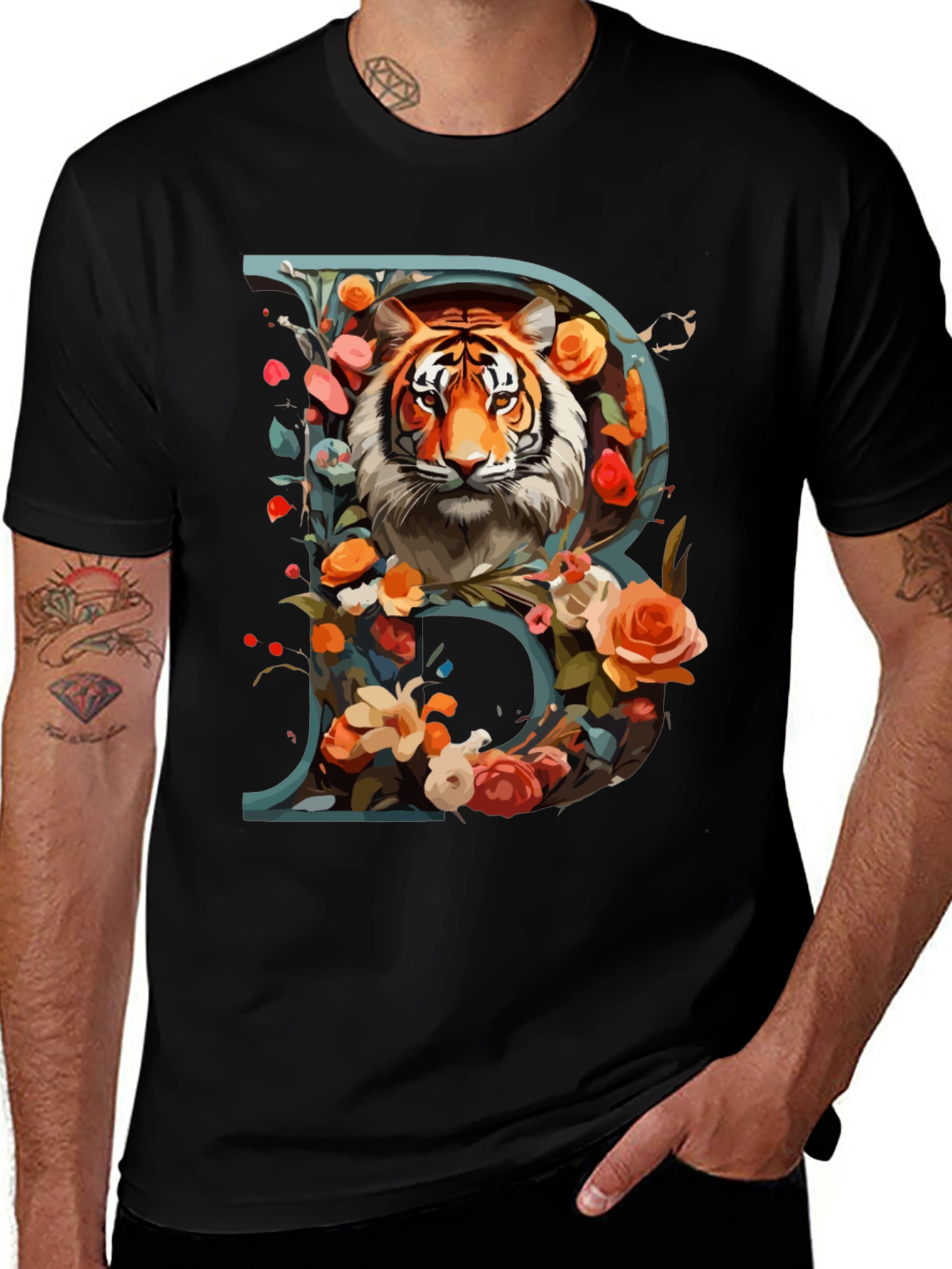 Variant 25 of Tiger Floral Initial Tee - Unique Artistic Design