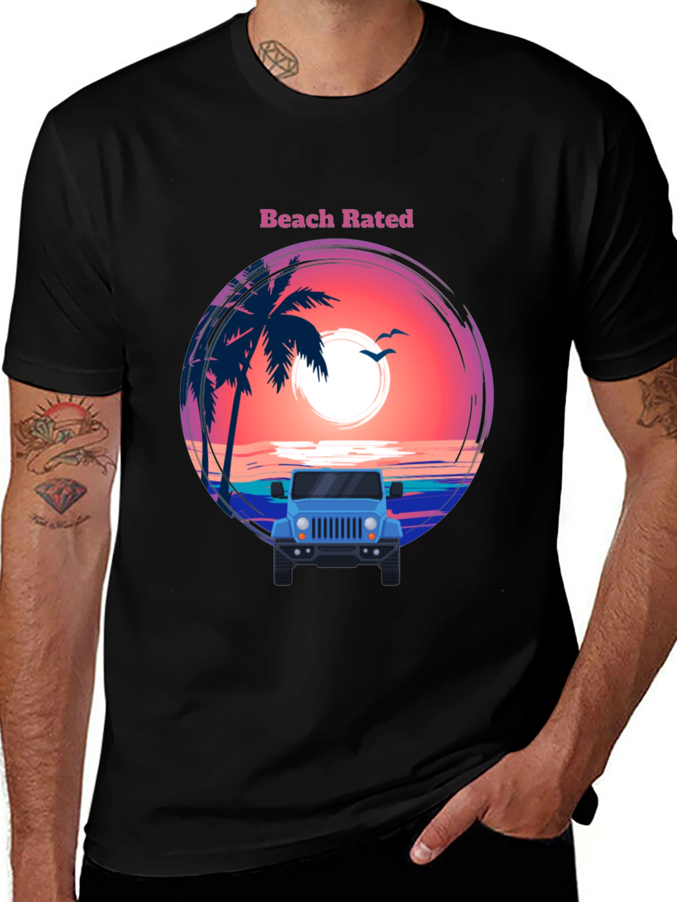 Variant 28 of Beach Rated T-Shirt - Sunset & Jeep Design
