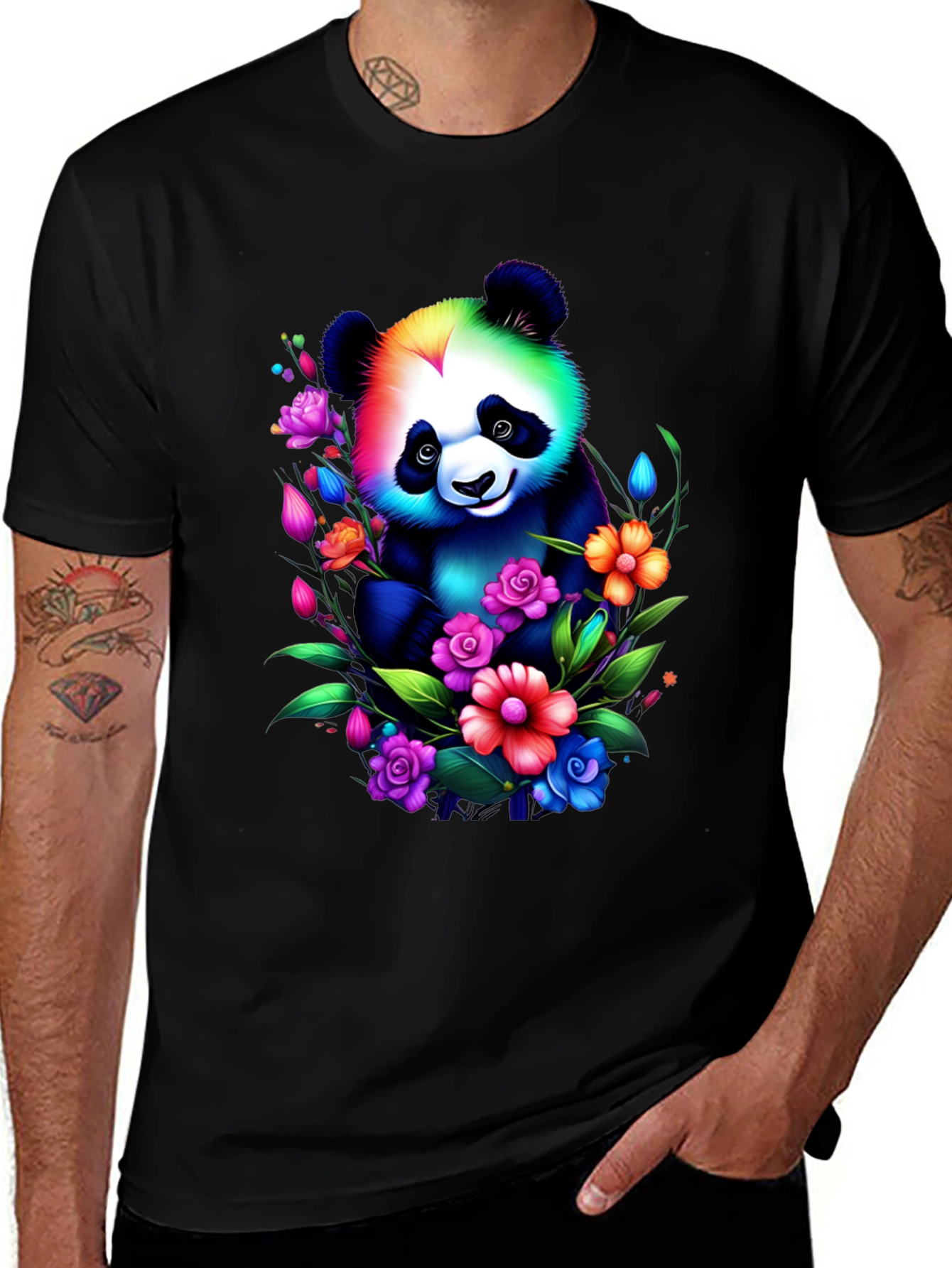 Variant 29 of Rainbow Panda Floral Graphic Tee - Men's Black T-Shirt