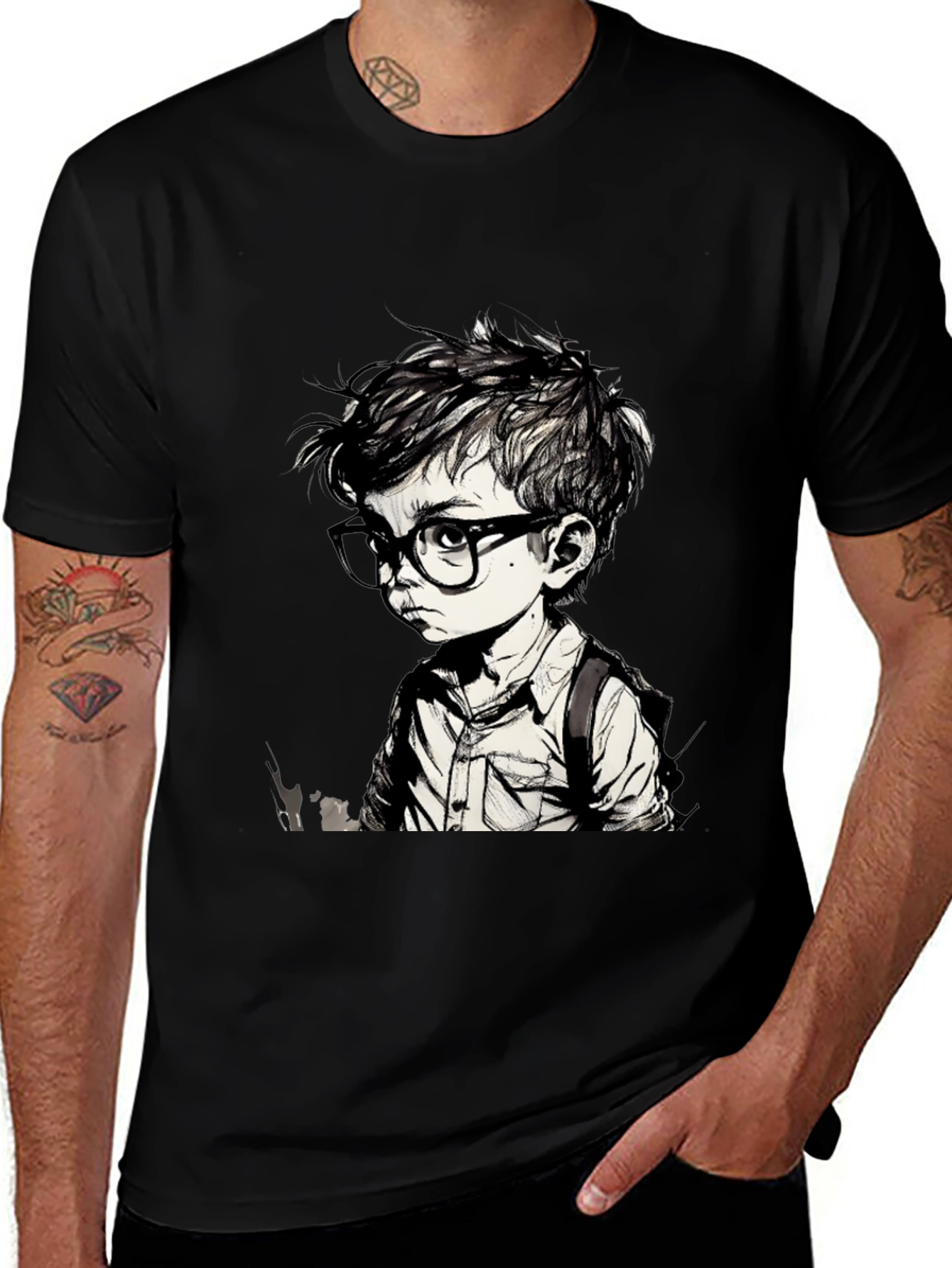 Variant 8 of Cartoon Boy with Glasses Black T-Shirt