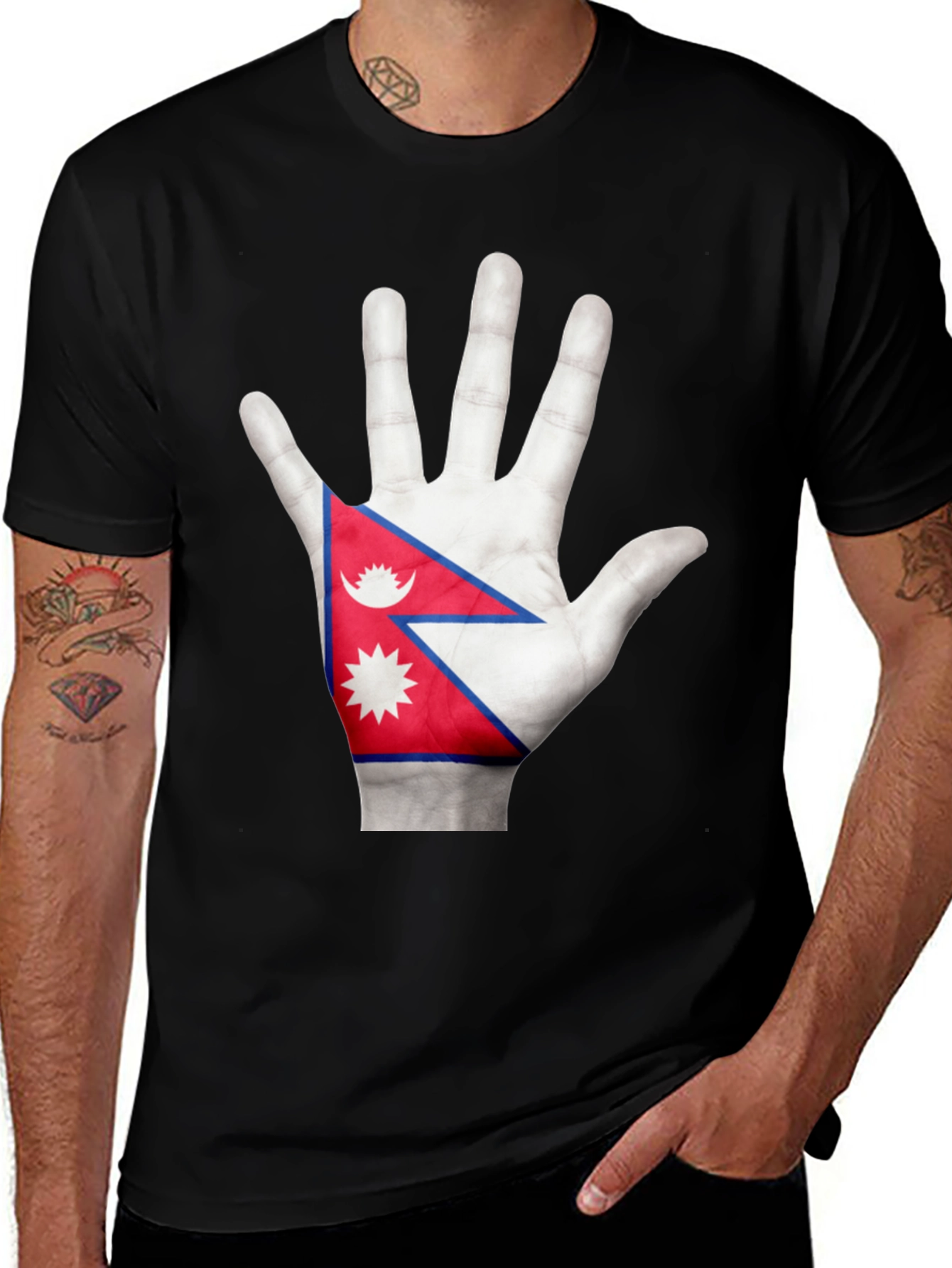 Variant 15 of Nepal Flag Hand Graphic Black T-Shirt