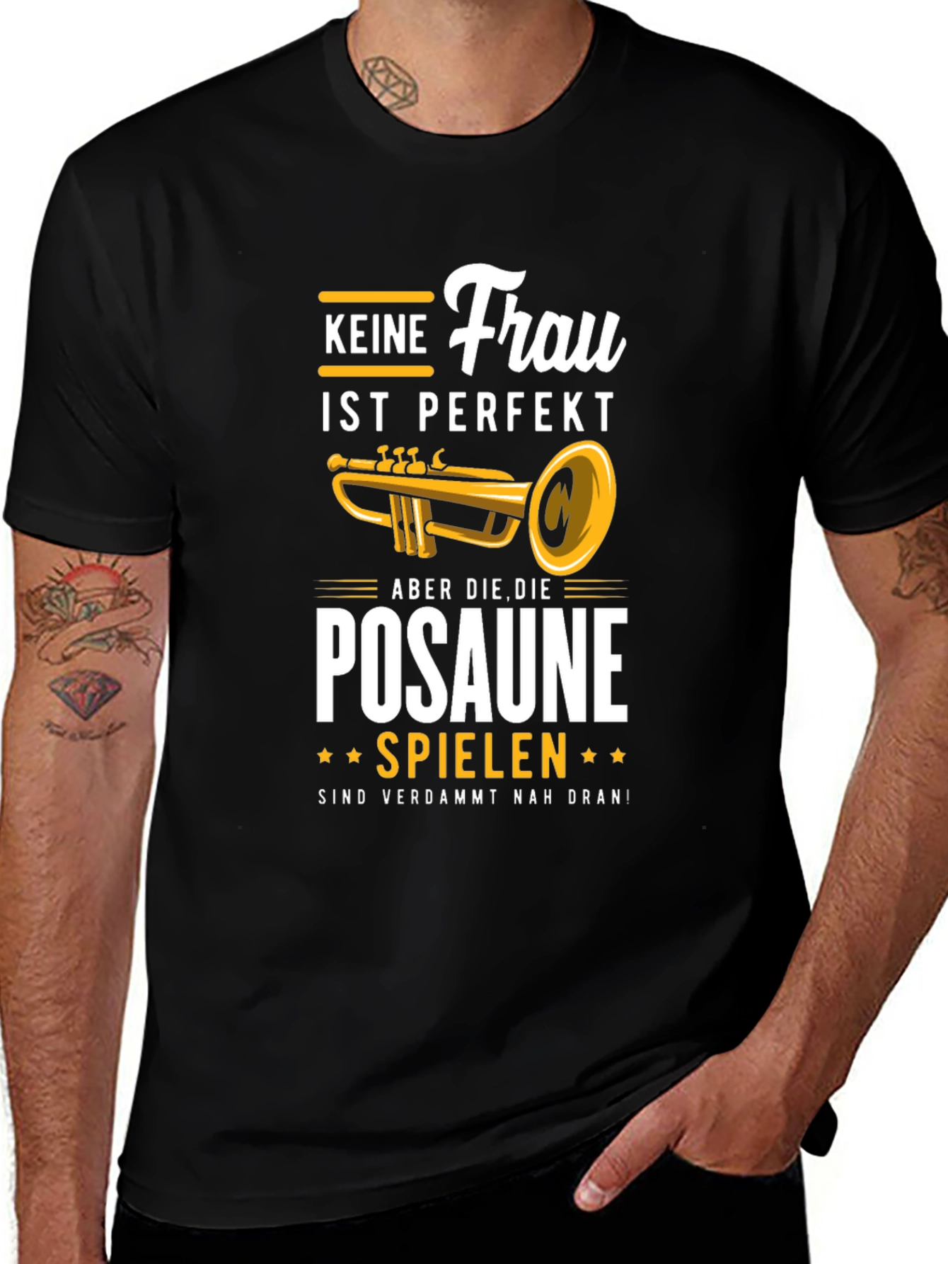 Variant 10 of Funny Trombone Player T-Shirt - "Keine Frau Ist Perfekt"