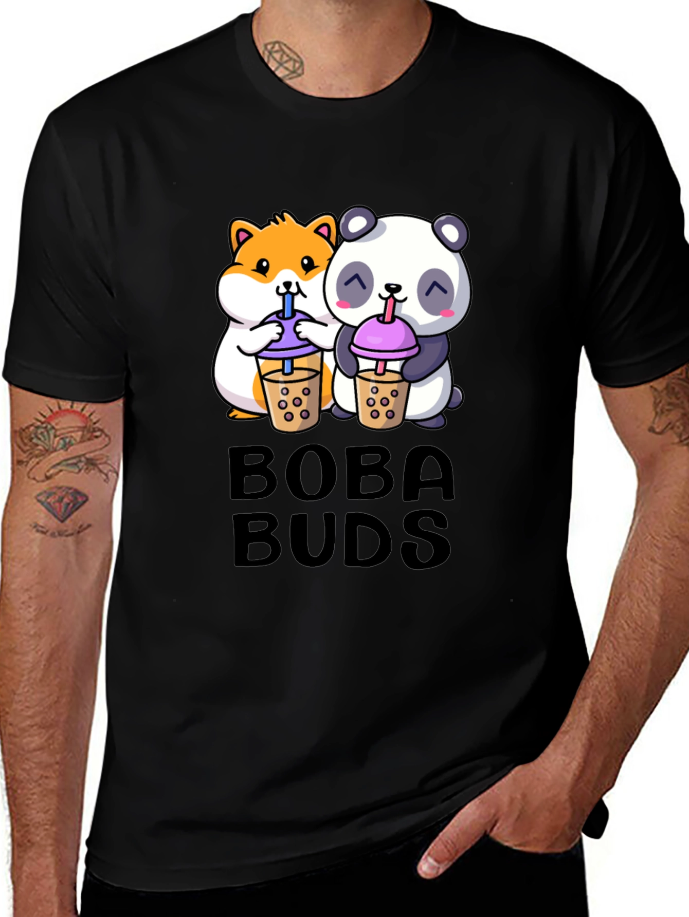 Black Boba Buds Graphic Tee - Cute Panda & Hamster Boba Design main image