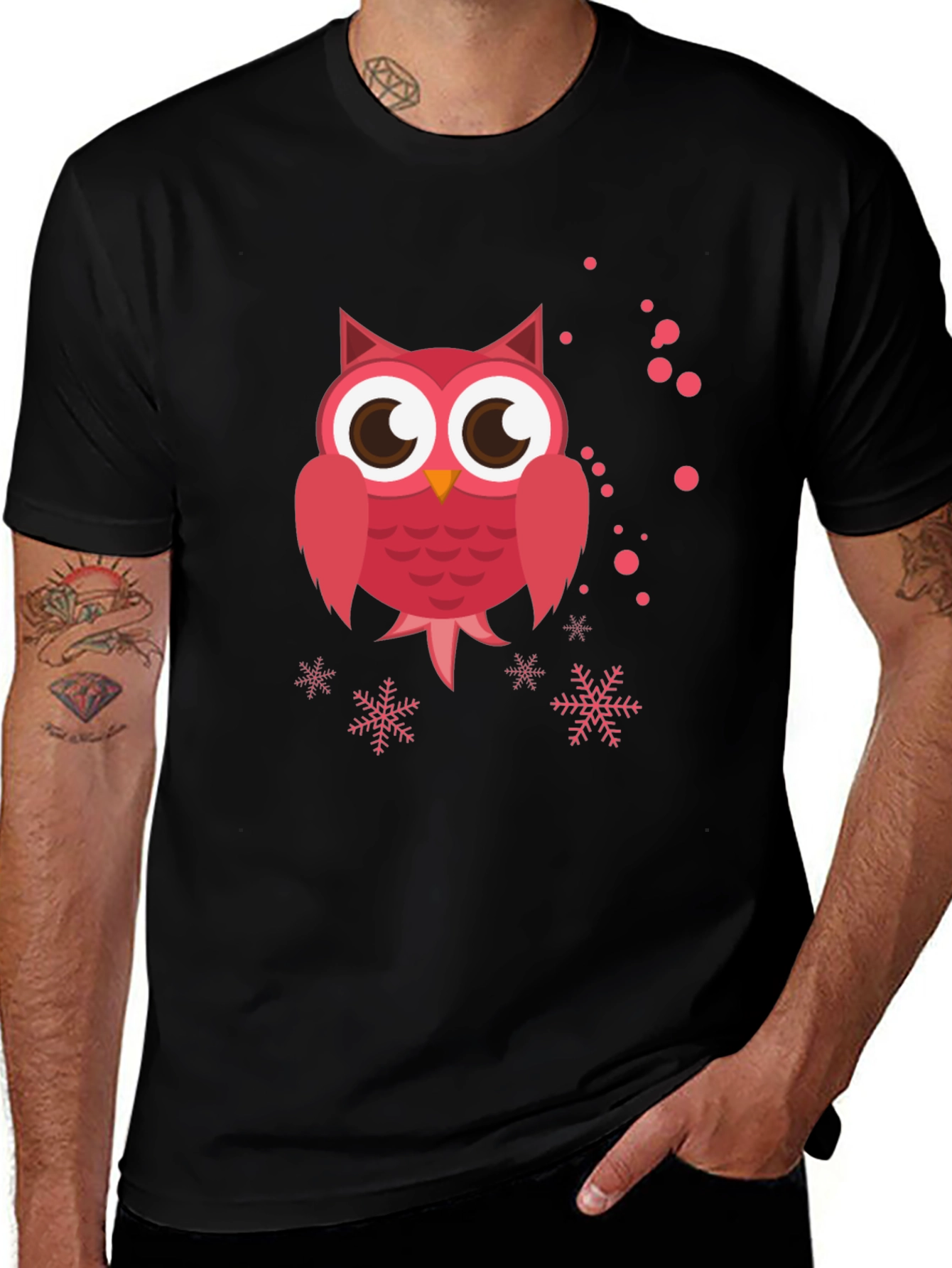 Cute Pink Owl Graphic Black T-Shirt