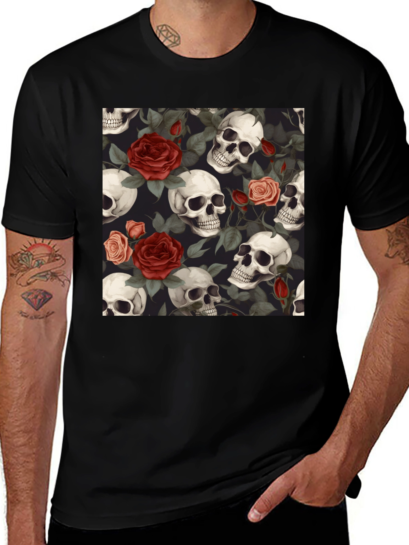 Variant 19 of Skull and Roses Graphic Tee - Dark Aesthetic