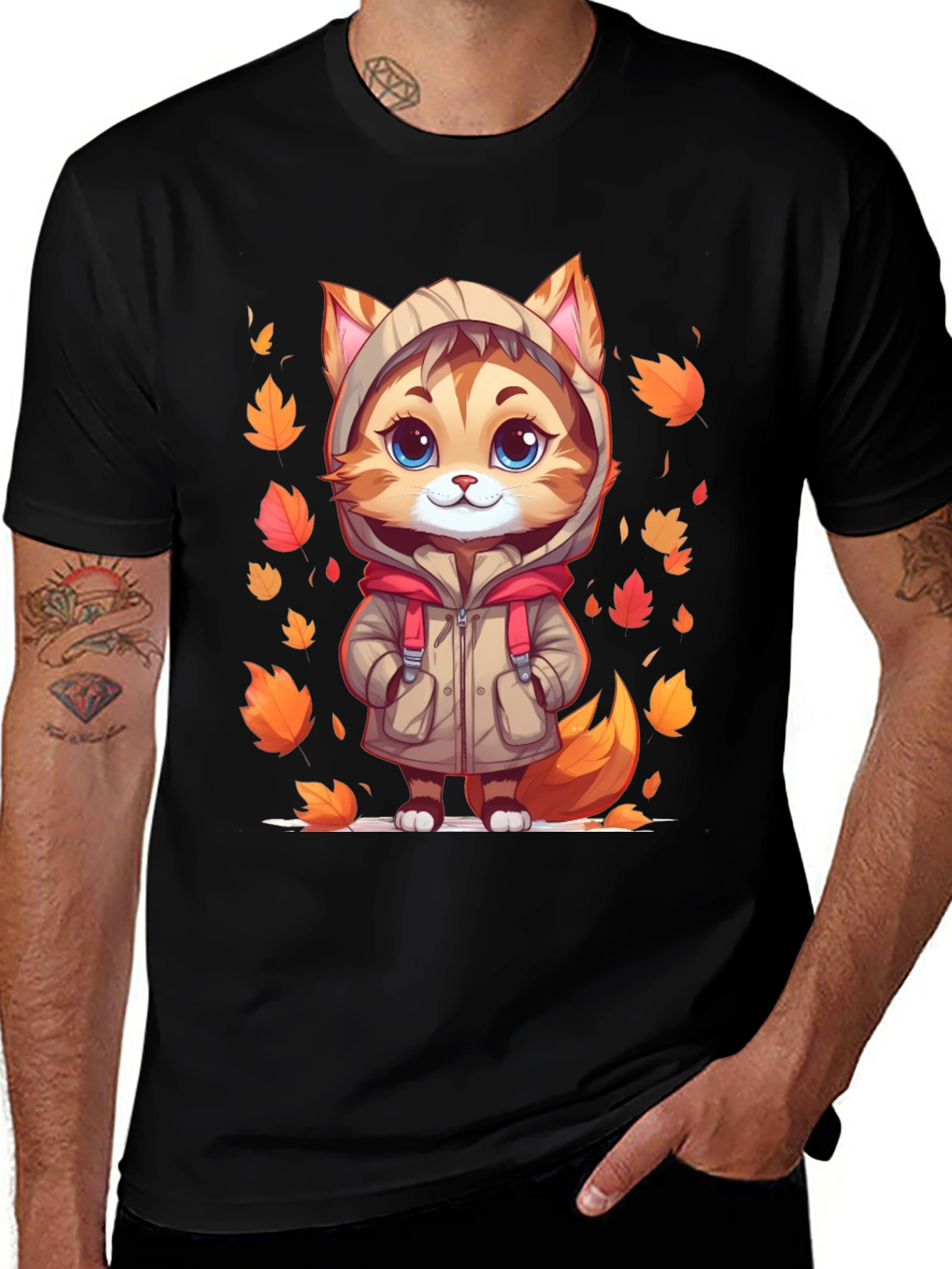 Cute Cartoon Cat Fall Leaves T-Shirt