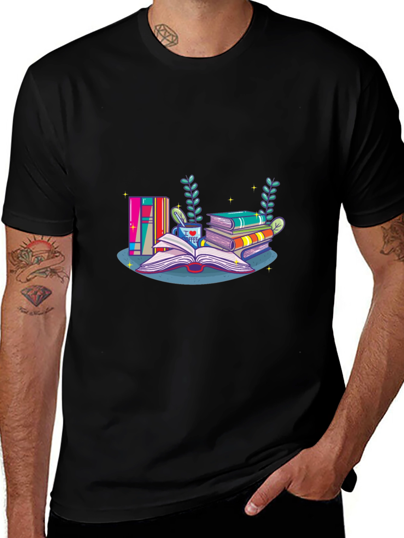 Book Lover's Tee - Stacked Books & Coffee Design