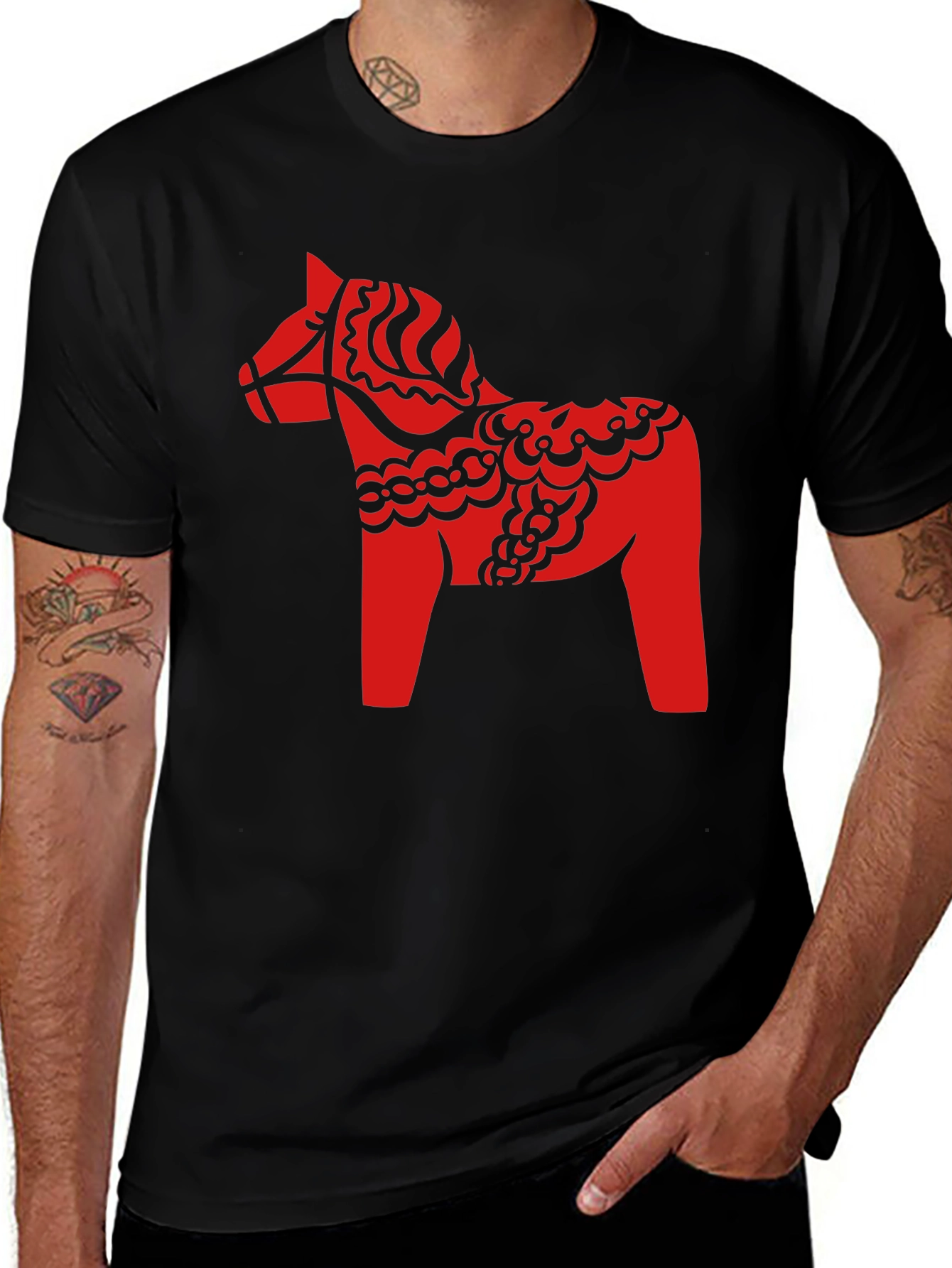 Variant 25 of Red Dala Horse Graphic Tee - Black Cotton Blend