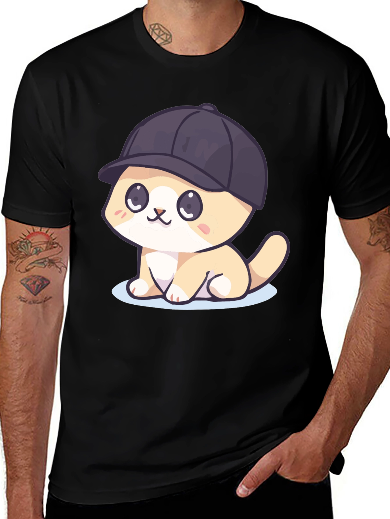 Variant 2 of Cute Cartoon Cat in Hat Black T-Shirt