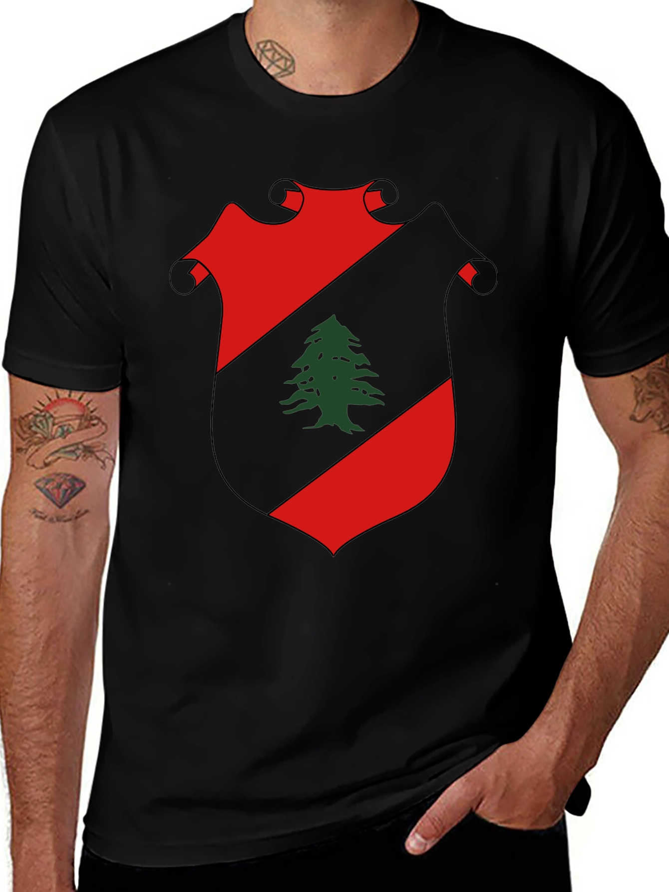 Lebanon Flag Crest Graphic Tee - Black Cotton T-Shirt
