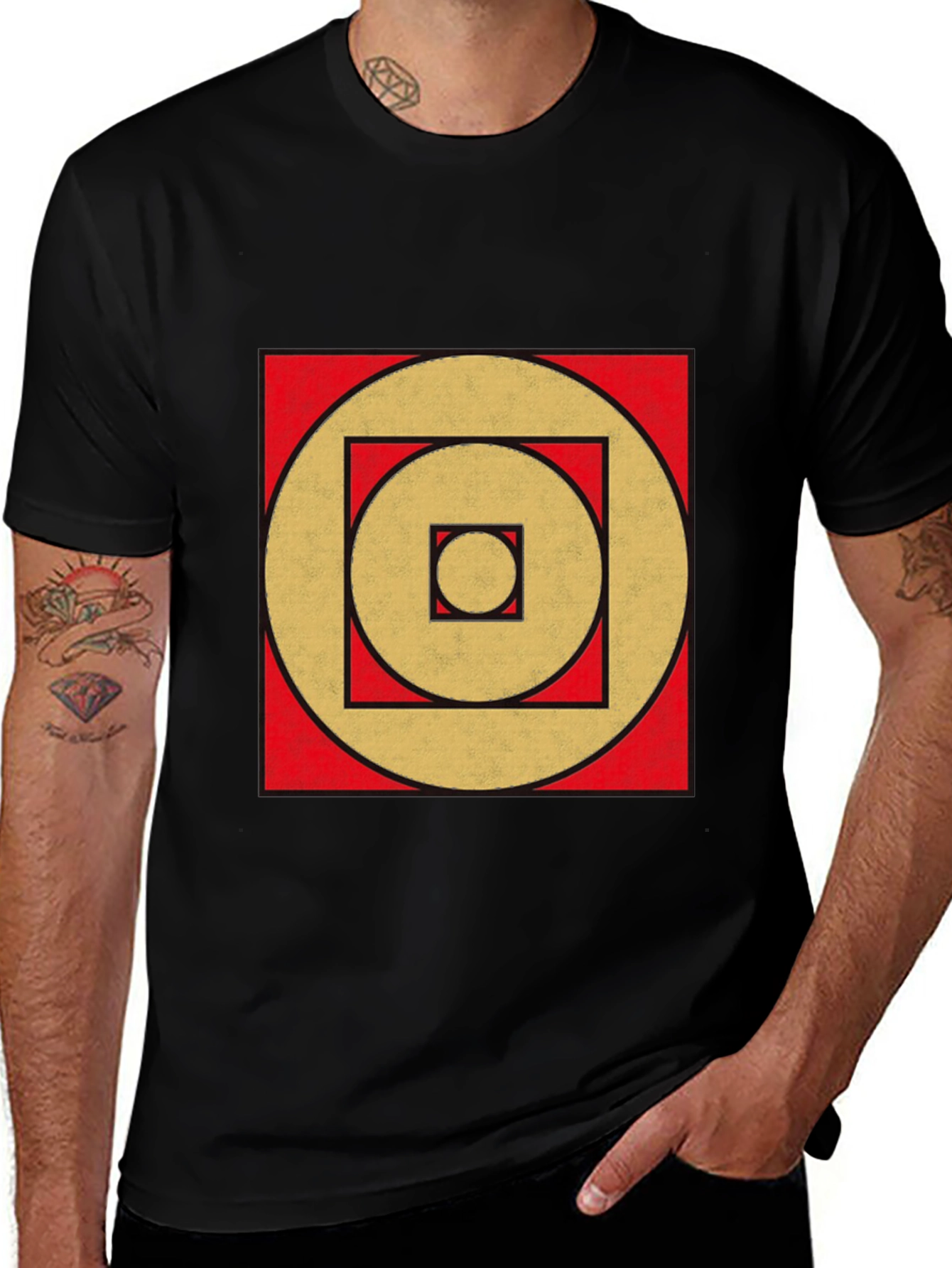 Variant 18 of Geometric Gold Circle Square Black Tee