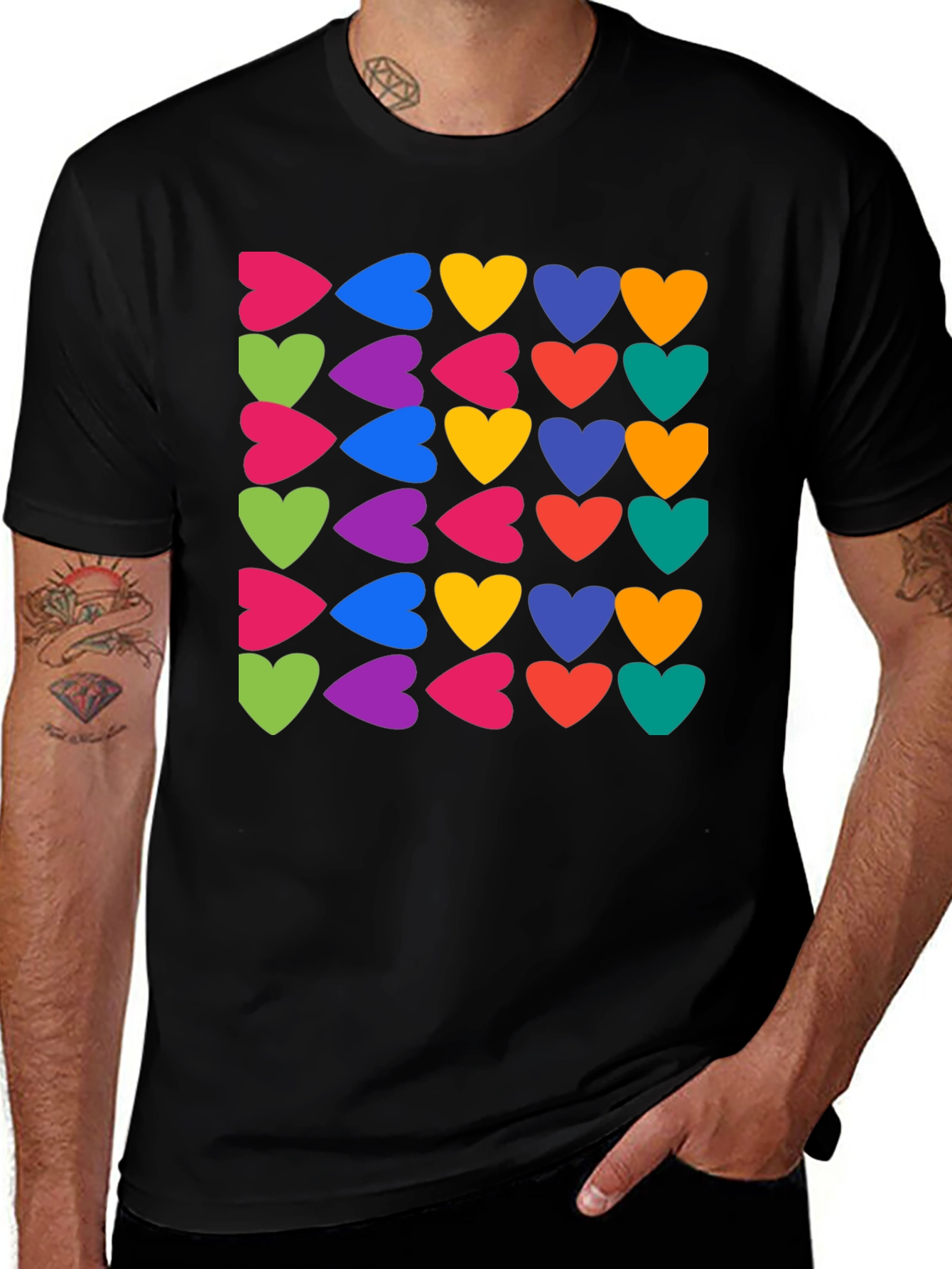 Variant 16 of Colorful Hearts Pattern Black T-Shirt