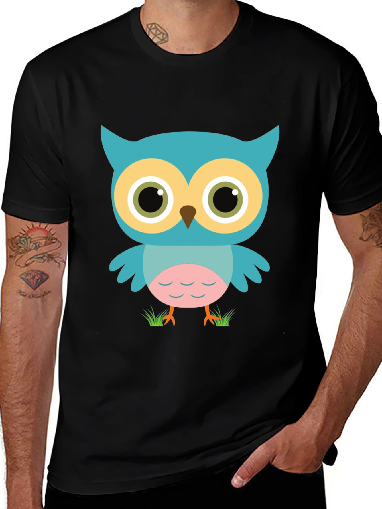 Variant 19 of Cute Cartoon Owl Graphic Print Black T-Shirt