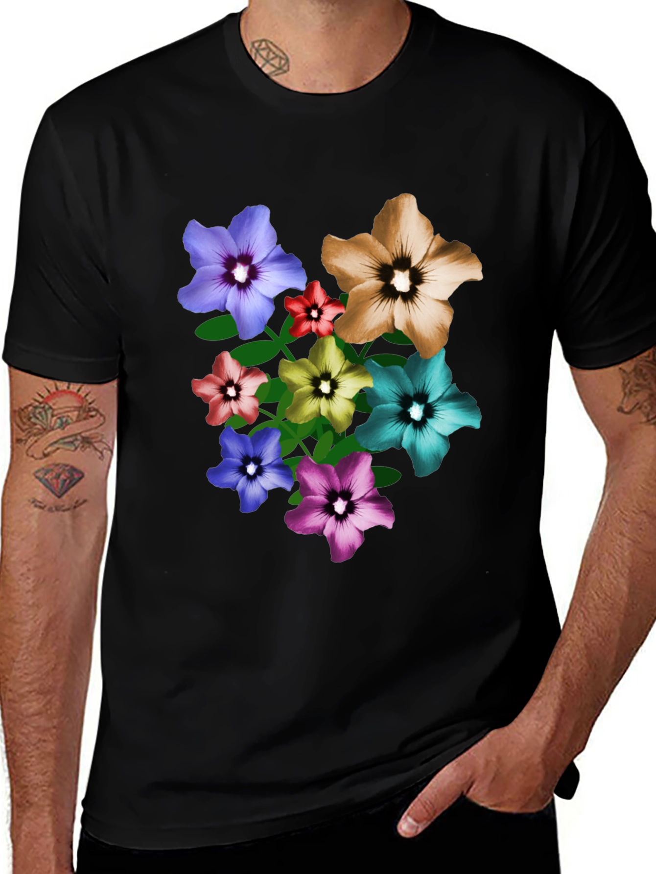 Variant 18 of Floral Print Black T-Shirt - Colorful Blossom Design