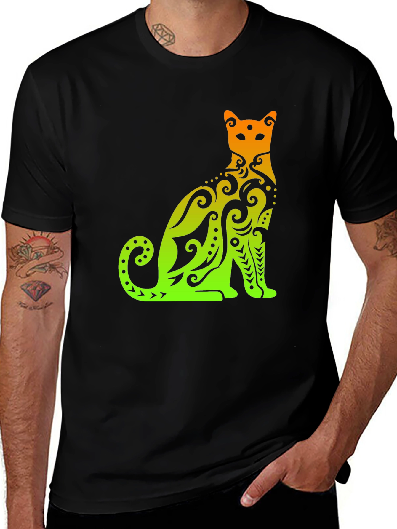 Variant 23 of Tribal Cat Graphic Tee - Stylish Men's Black T-Shirt