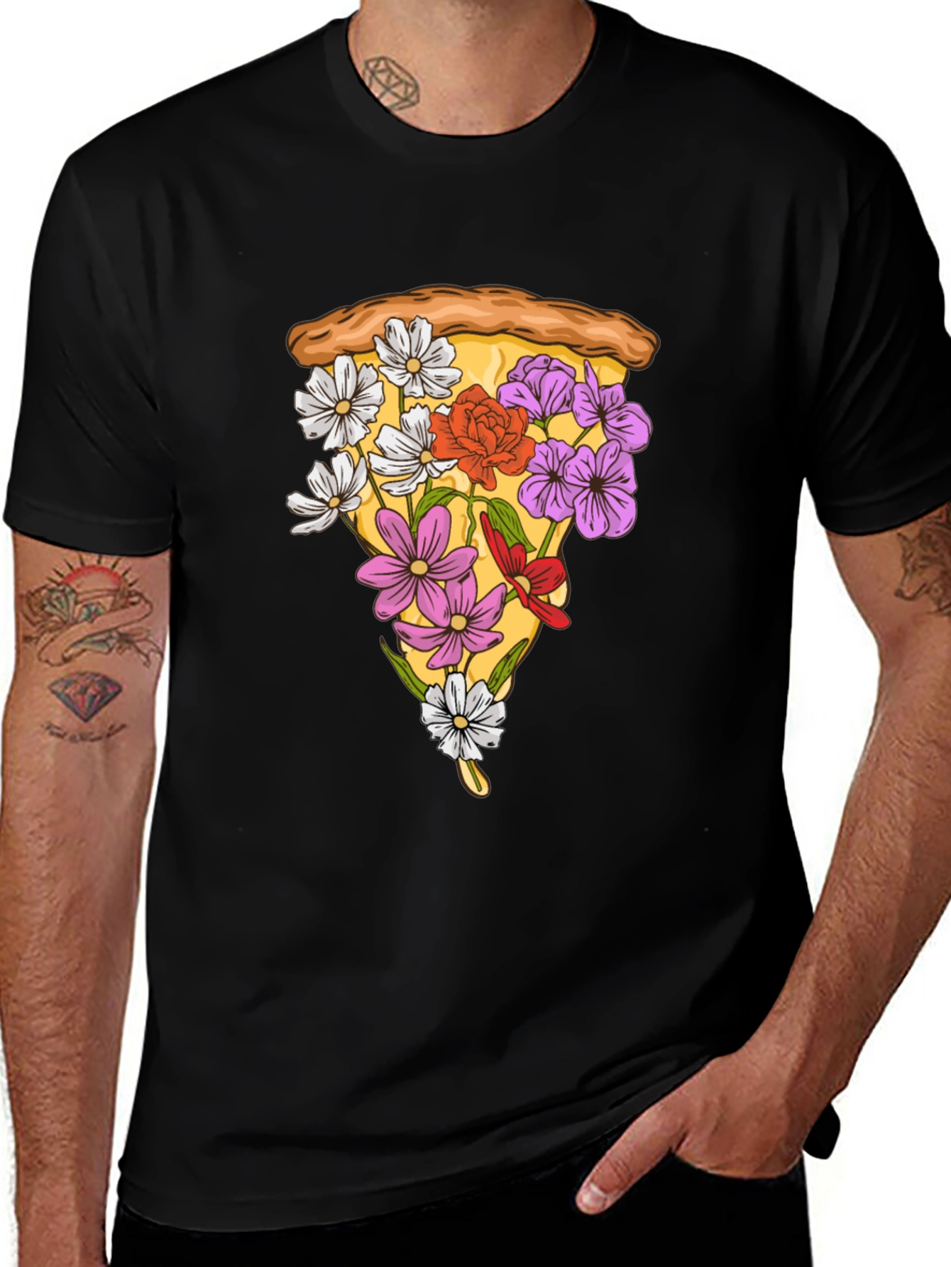 Black Floral Pizza Slice Graphic Tee - Unique Style main image