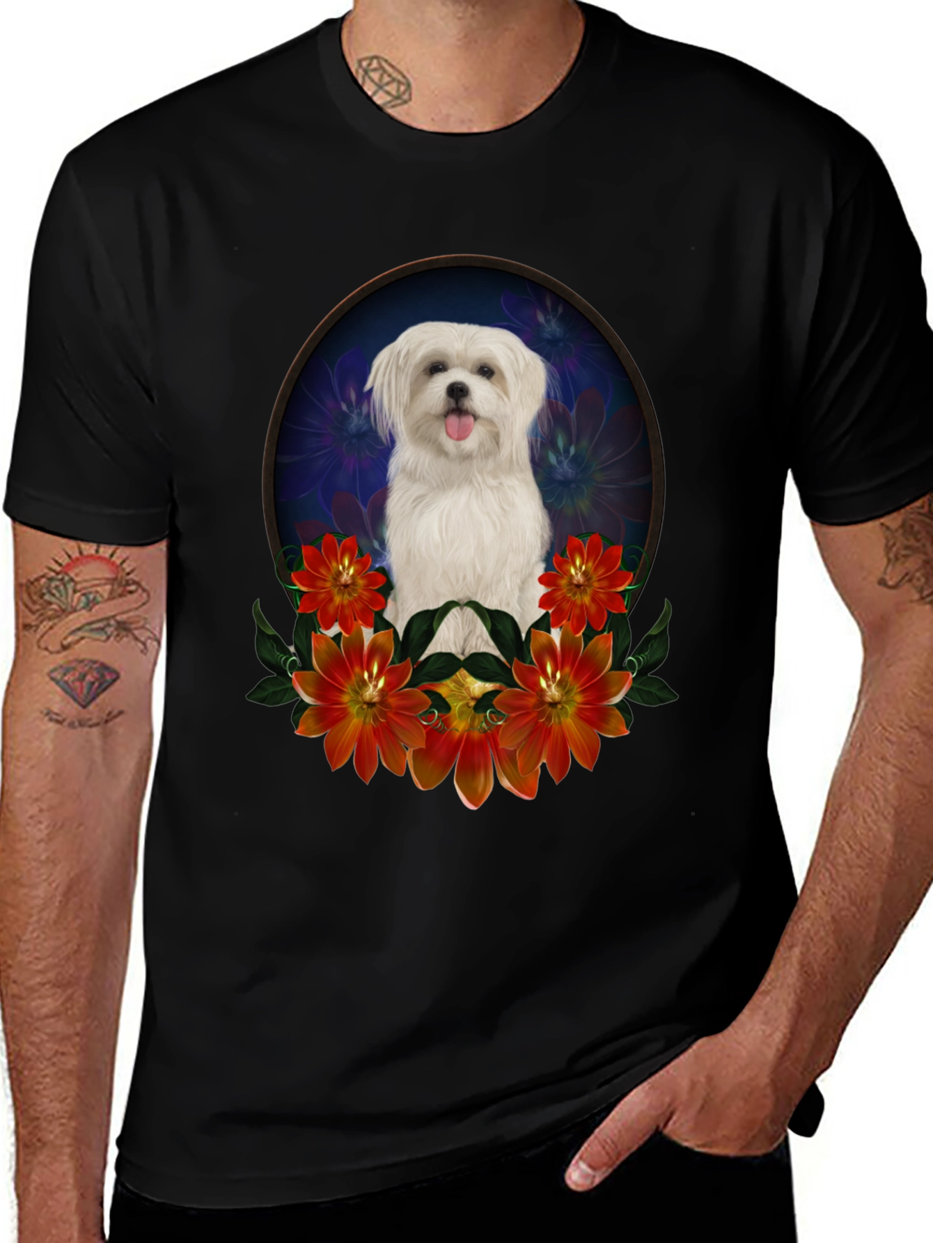 Variant 30 of Dog & Floral Graphic Black T-Shirt