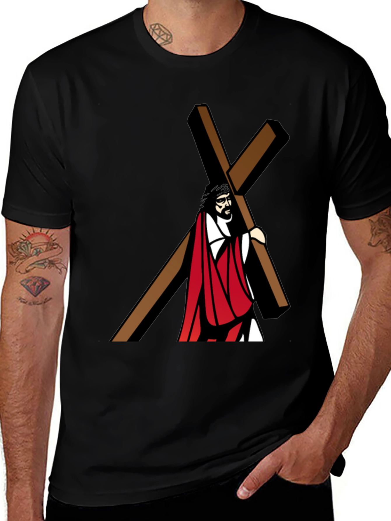 Jesus Carrying Cross Graphic T-Shirt - Black