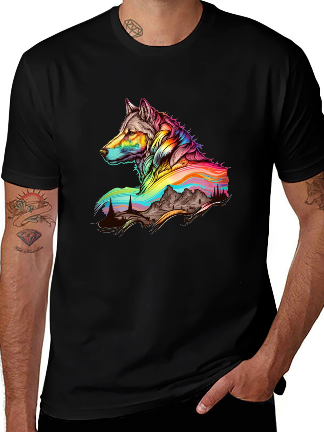 Variant 22 of Rainbow Wolf Graphic Tee - Men's Black T-Shirt
