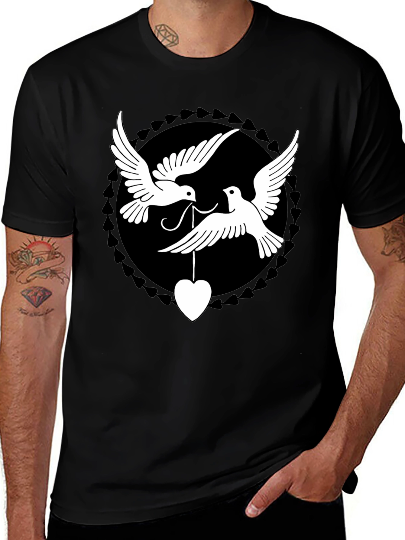Variant 10 of Dove Heart Graphic Tee - Black Cotton Blend Shirt