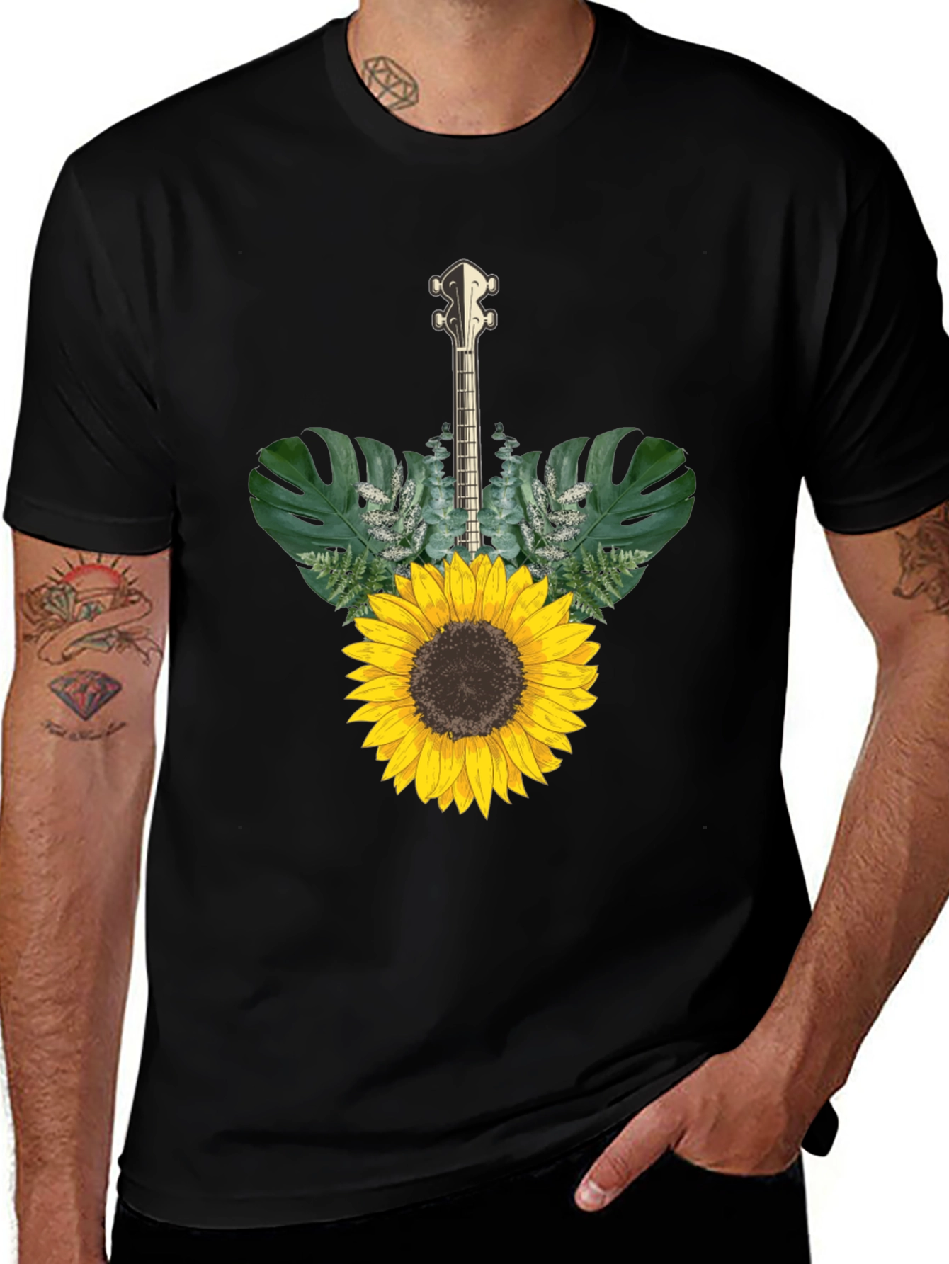 Variant 18 of Sunflower Guitar T-Shirt - Black Cotton Tee