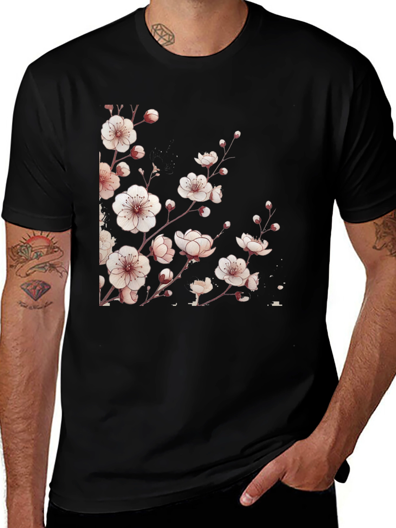 Variant 21 of Black Tee with Floral Cherry Blossom Design