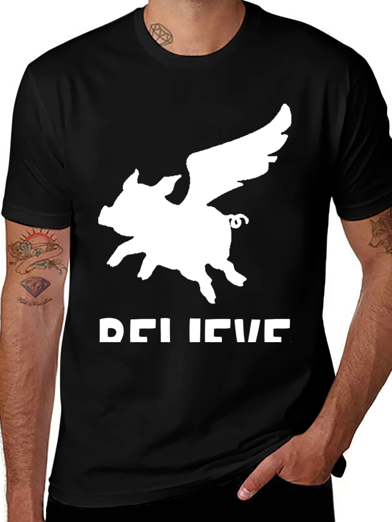 Variant 30 of Believe Flying Pig Graphic T-Shirt - Black