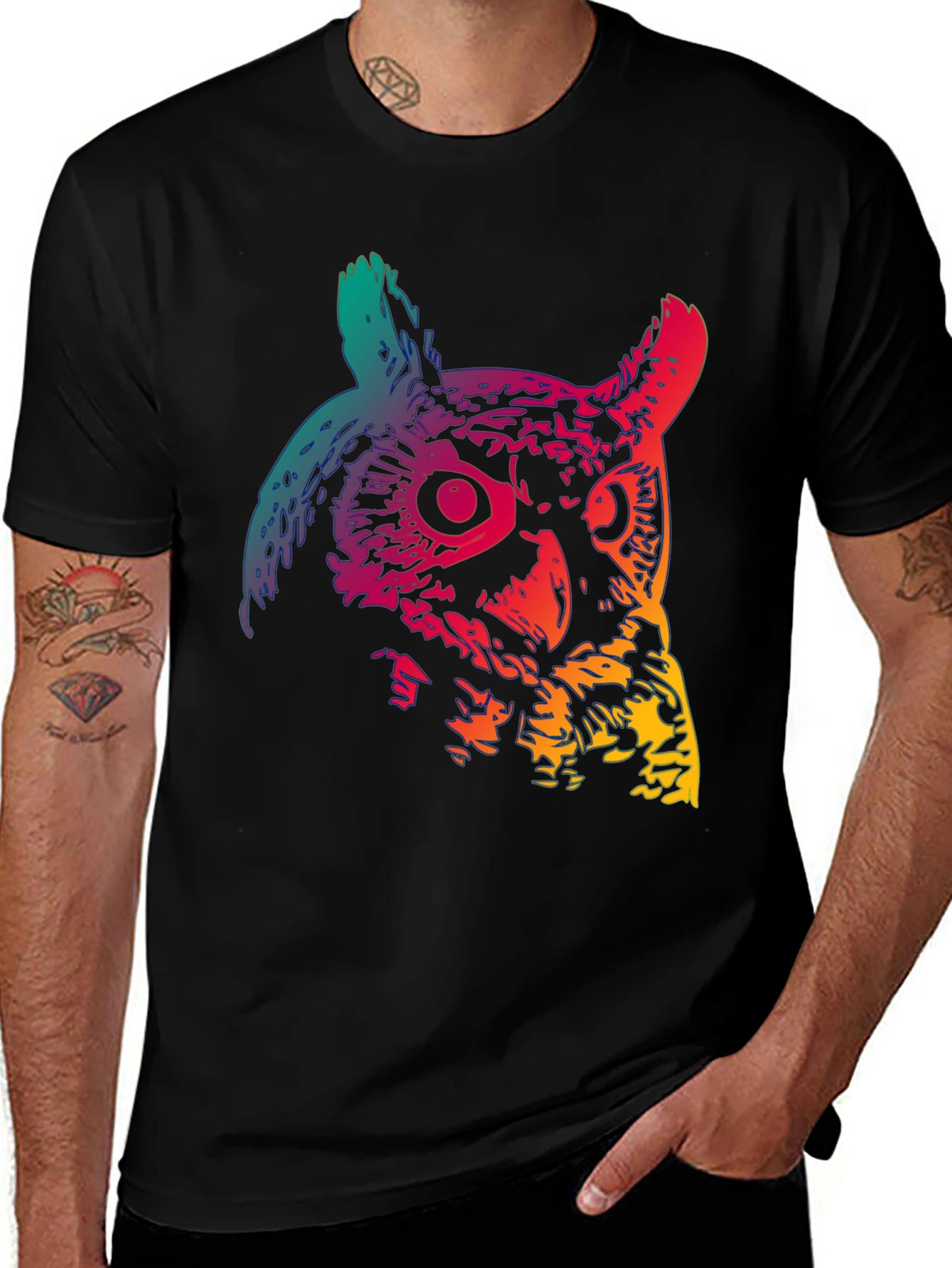 Variant 23 of Rainbow Owl Graphic Print Men's Black T-Shirt