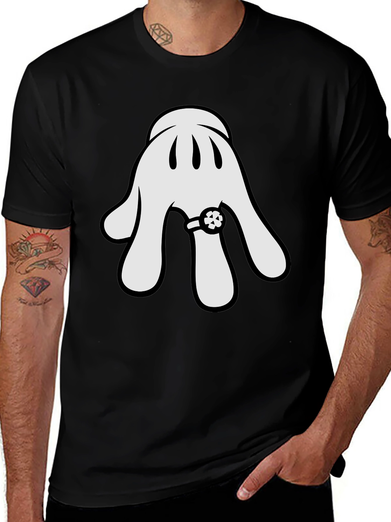 Variant 12 of Cartoon Glove Graphic T-Shirt - Casual Black Tee