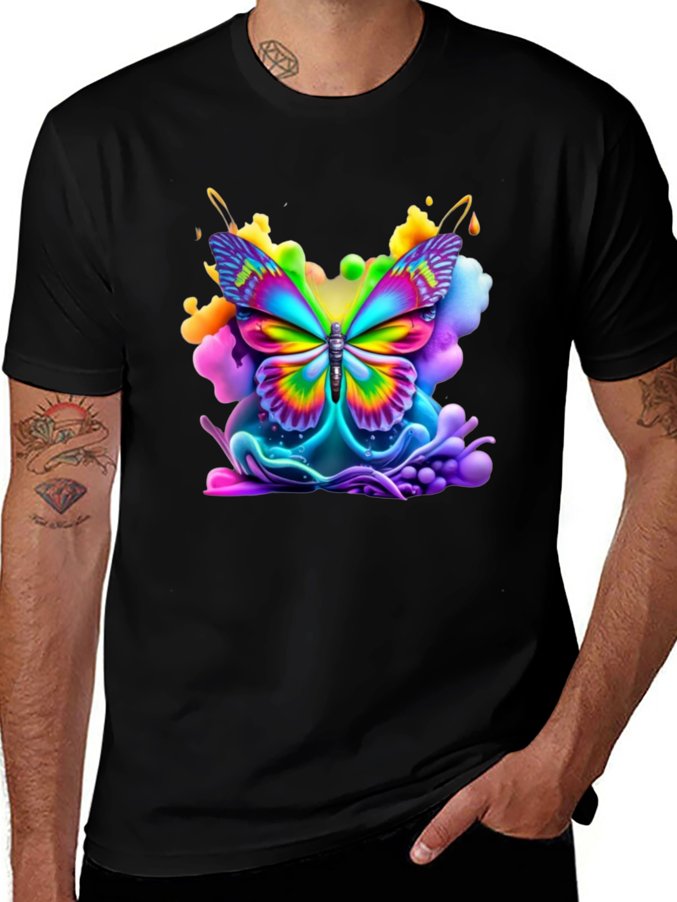 Variant 6 of Vibrant Butterfly Graphic Tee - Black Cotton Comfort