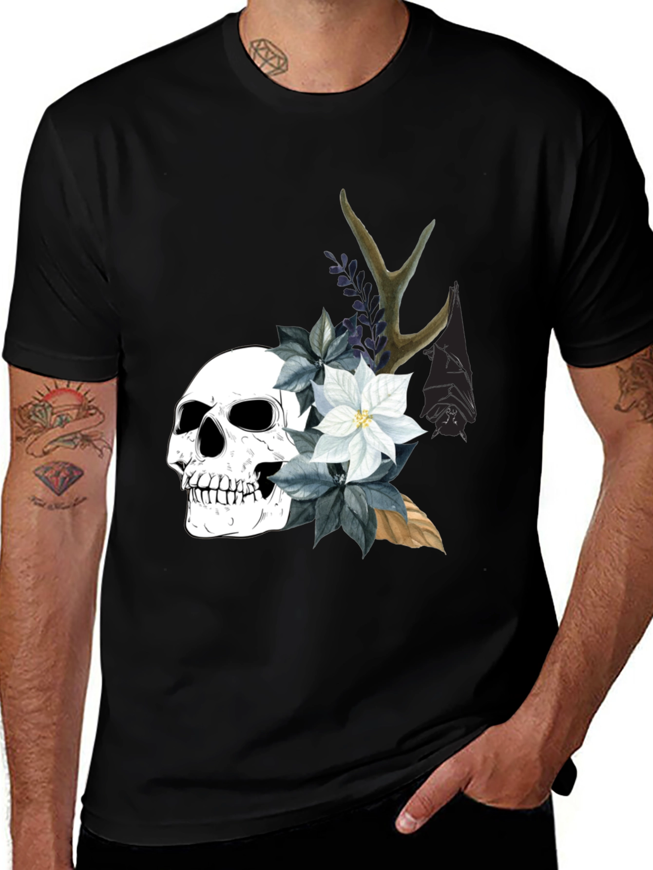 Variant 24 of Skull & Floral Black Graphic Tee - Unique Design