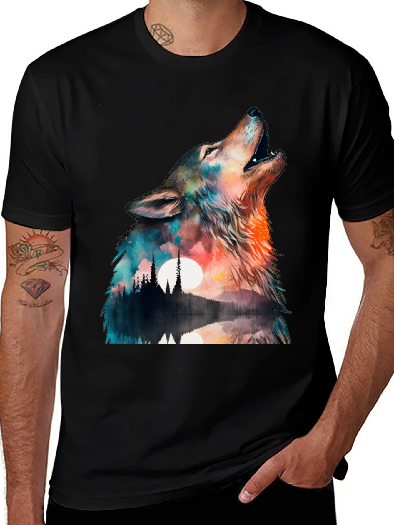 Variant 5 of Wolf Landscape Graphic Tee - Men's Black T-Shirt