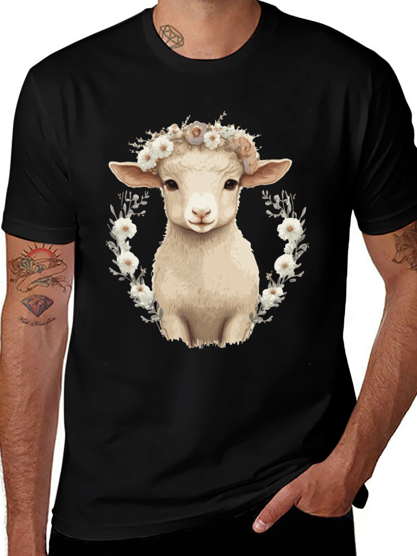 Variant 11 of Floral Lamb Graphic Tee - Stylish Men's Black T-Shirt